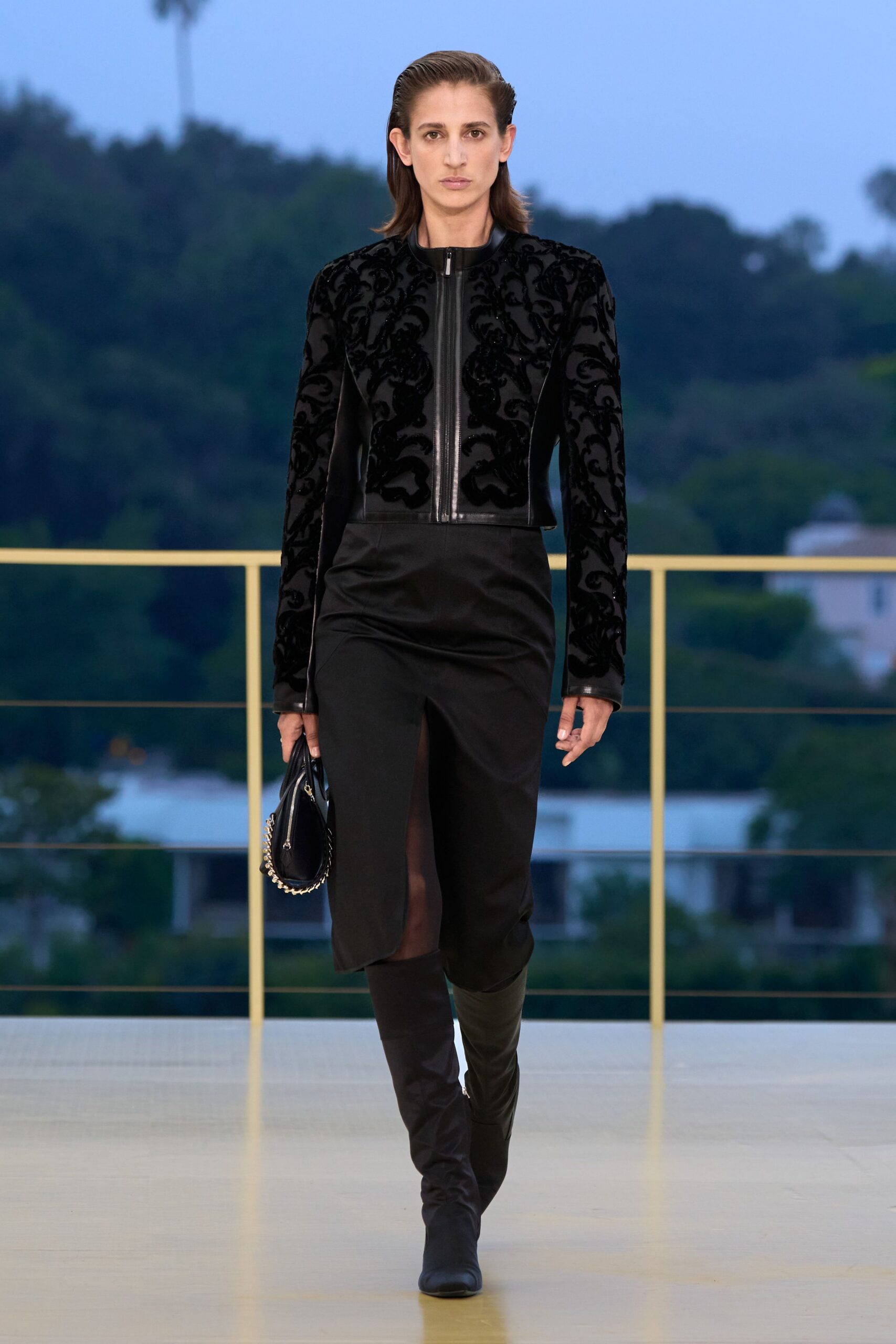 black velvet long-sleeve collared fitted embroidered jacket