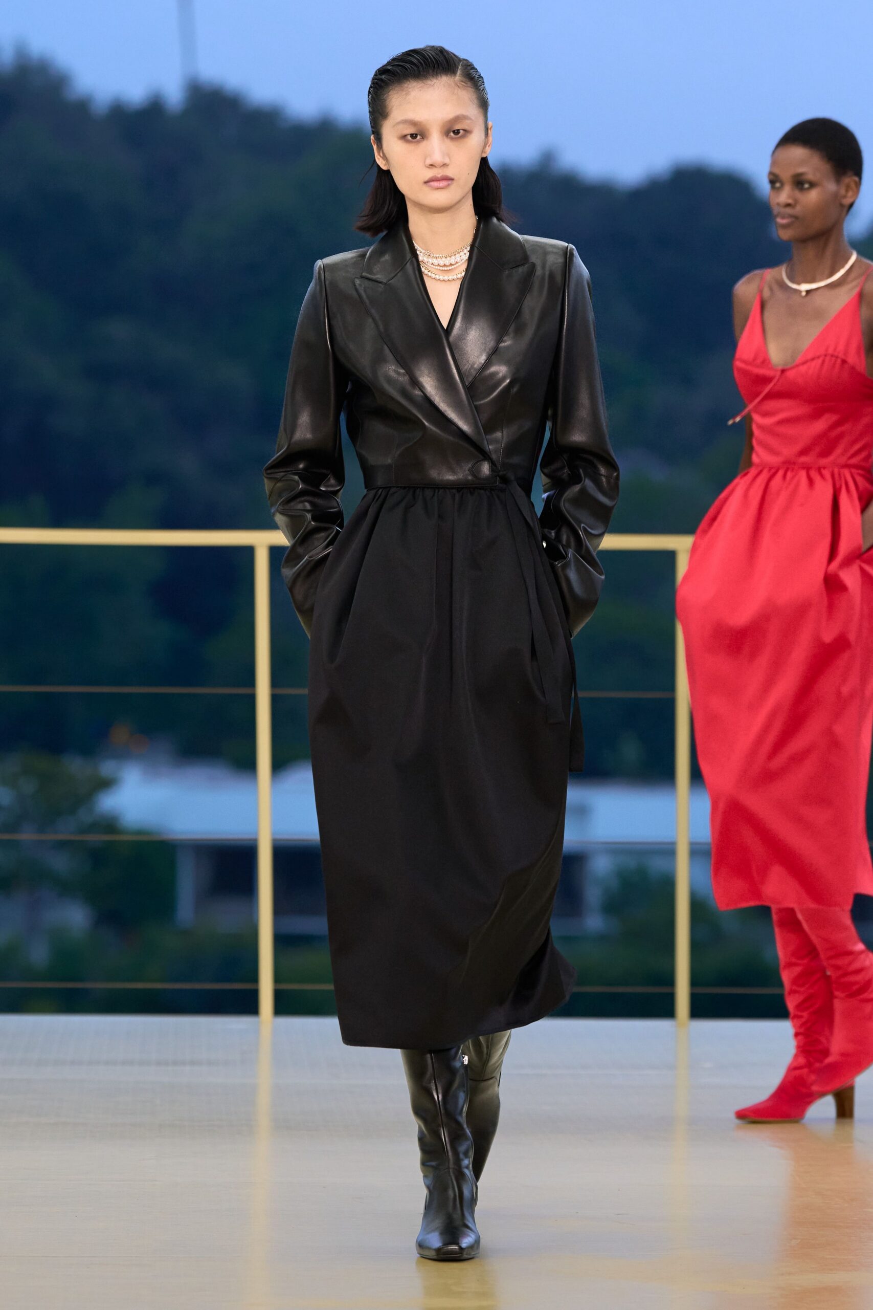 black leather long-sleeve collared fitted pleated midi dress
