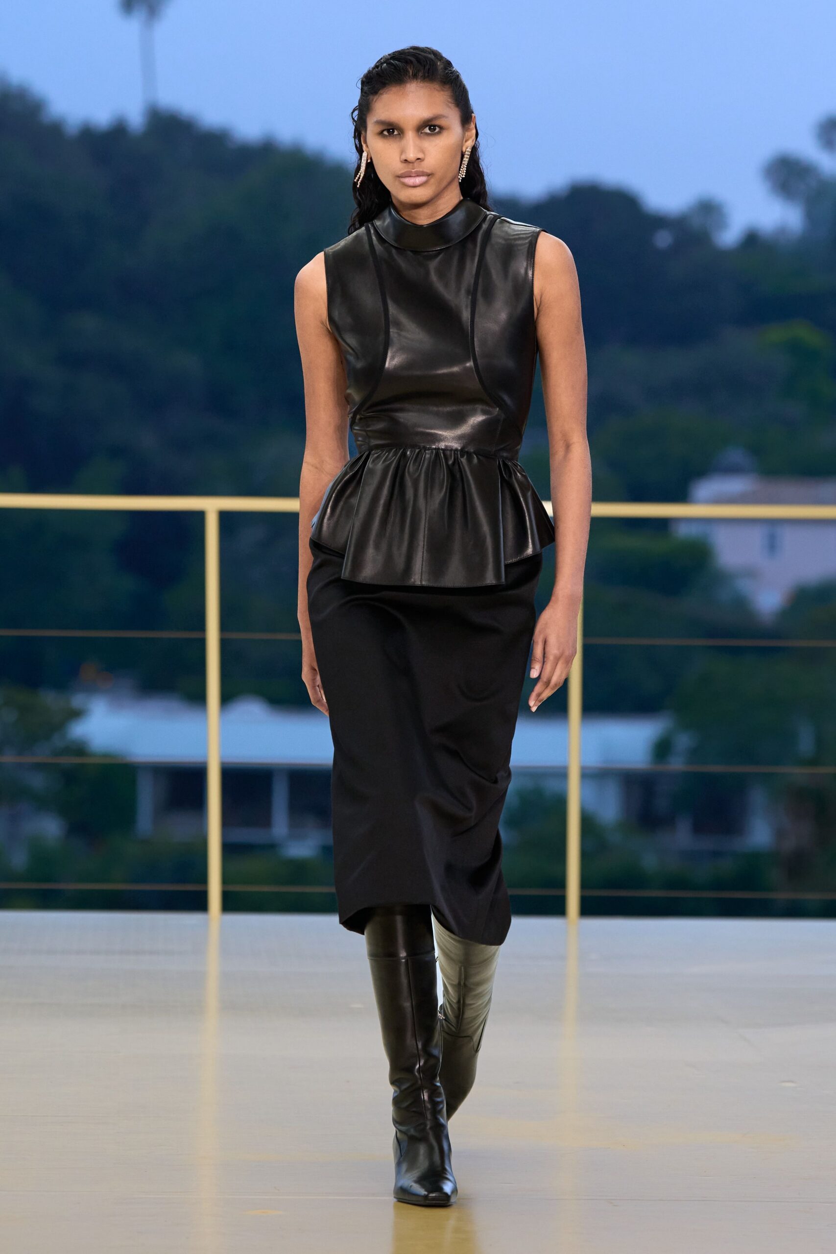 black leather sleeveless high-neck fitted flared midi dress