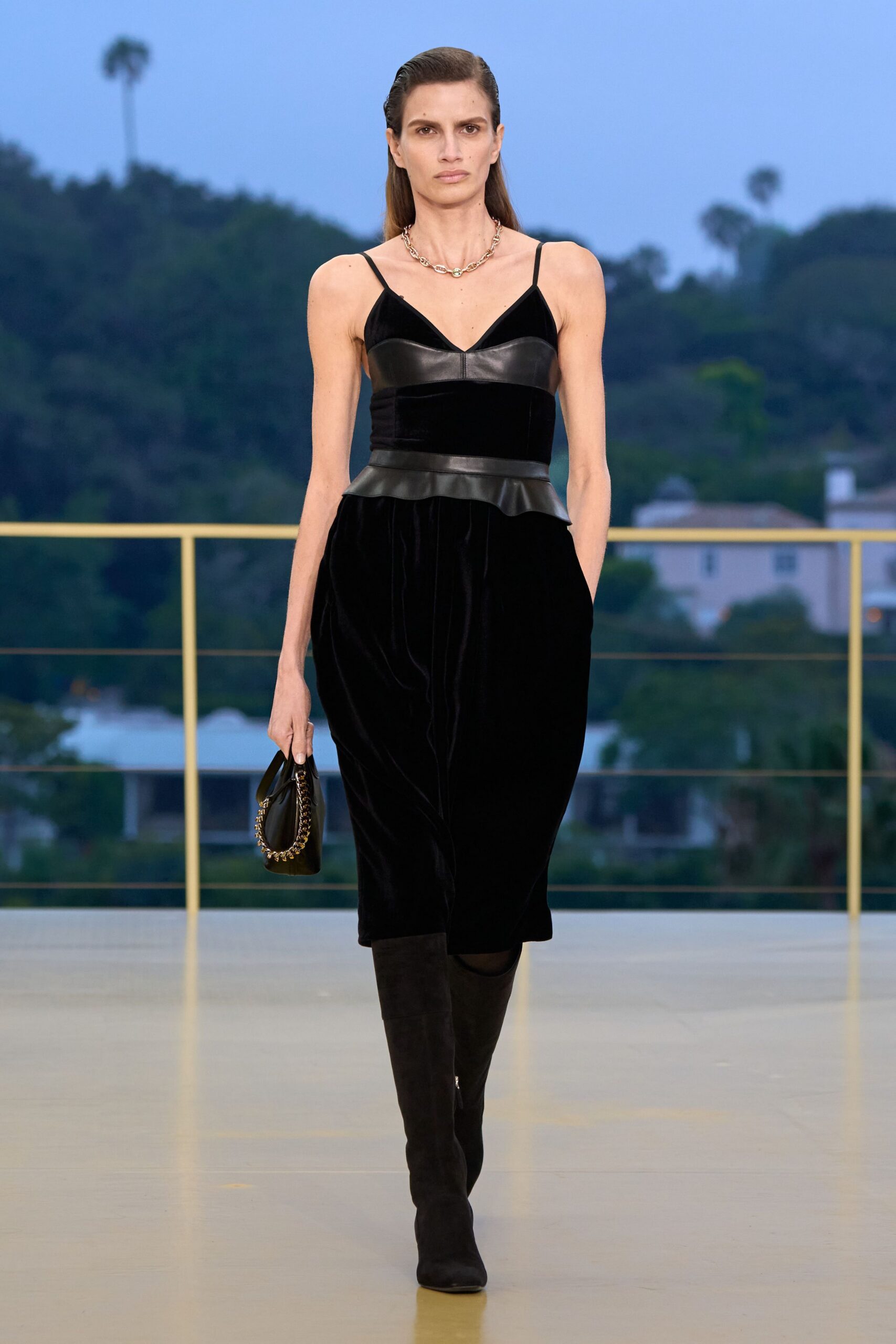 black velvet sleeveless v-neck fitted pleated midi dress
