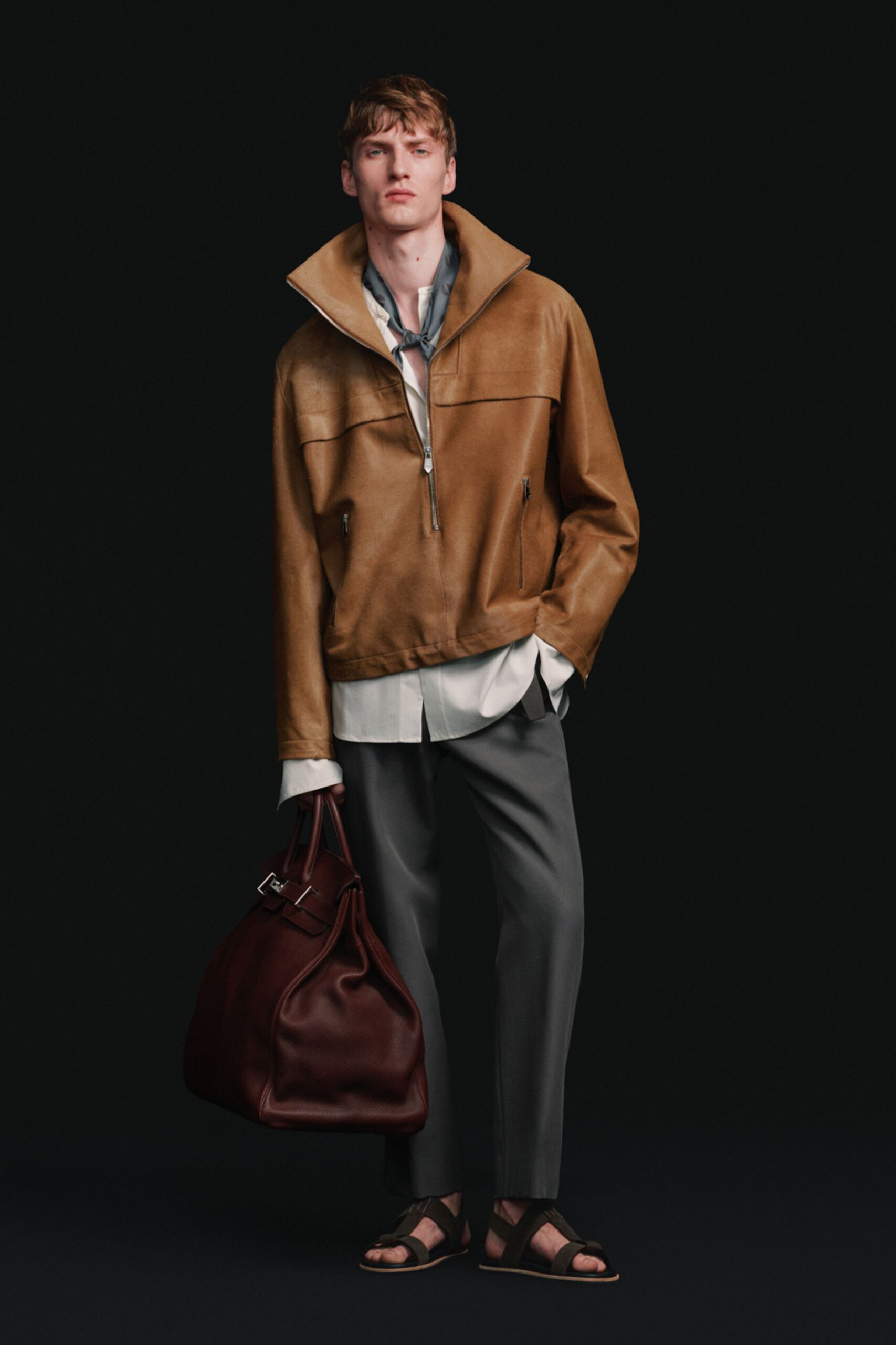 brown leather long-sleeve collared fitted zippered jacket