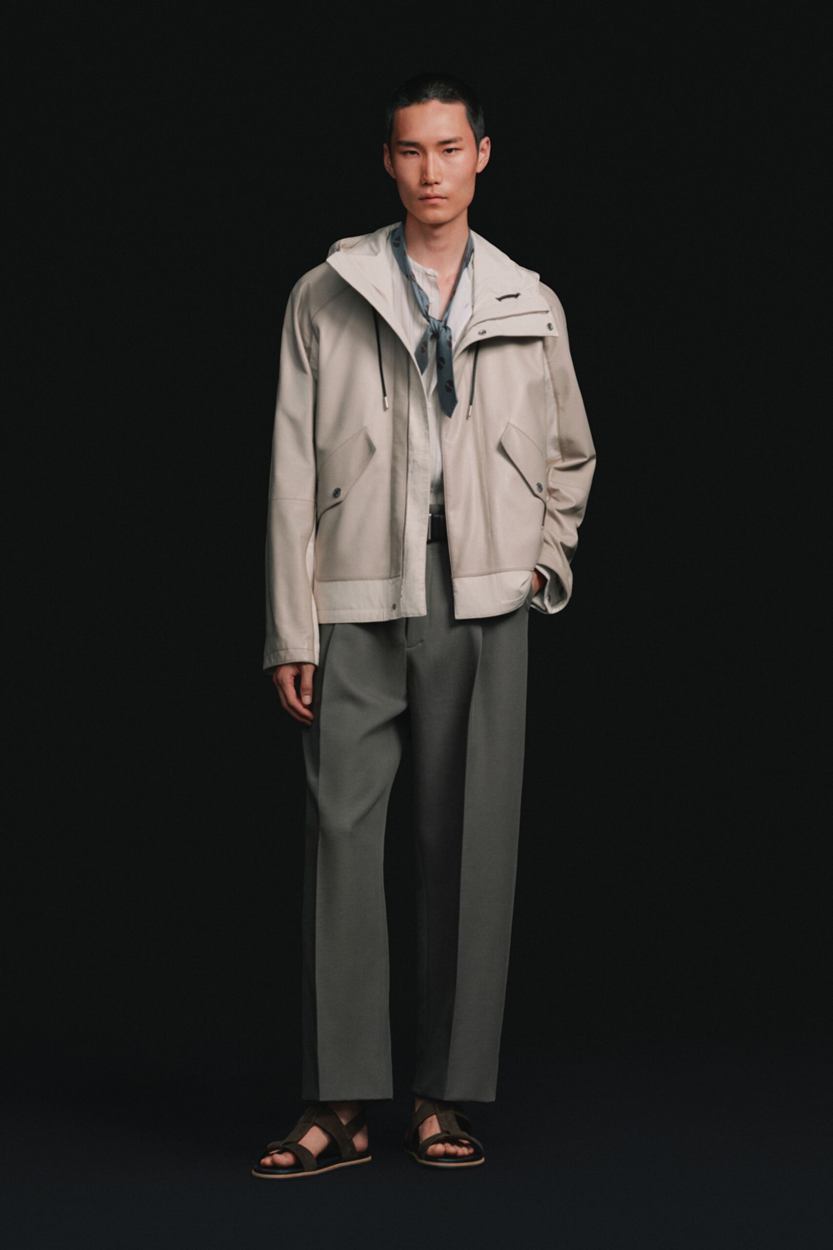 beige leather long-sleeve collared relaxed zippered pockets jacket