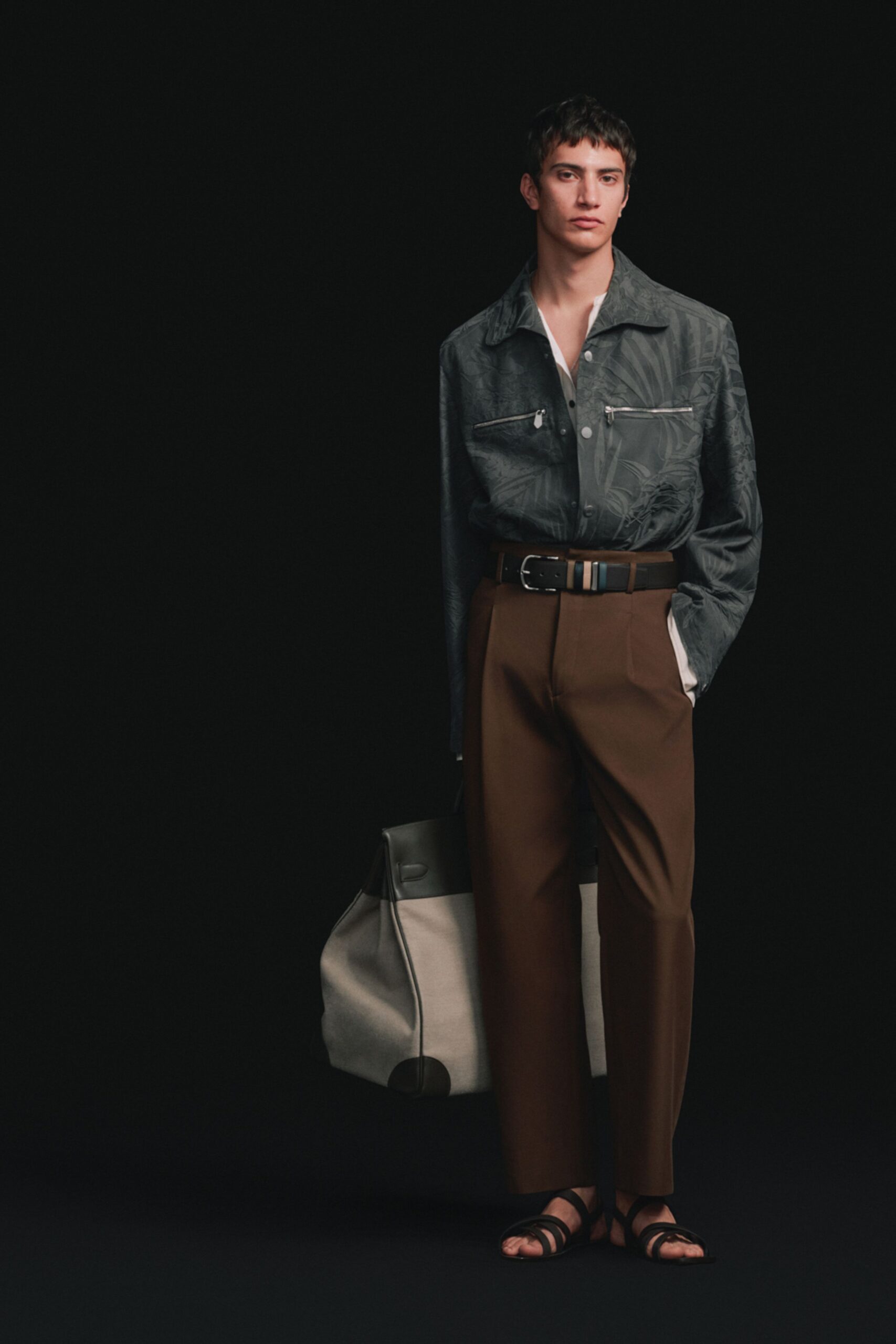 gray cotton long-sleeve collared relaxed embroidered shirt