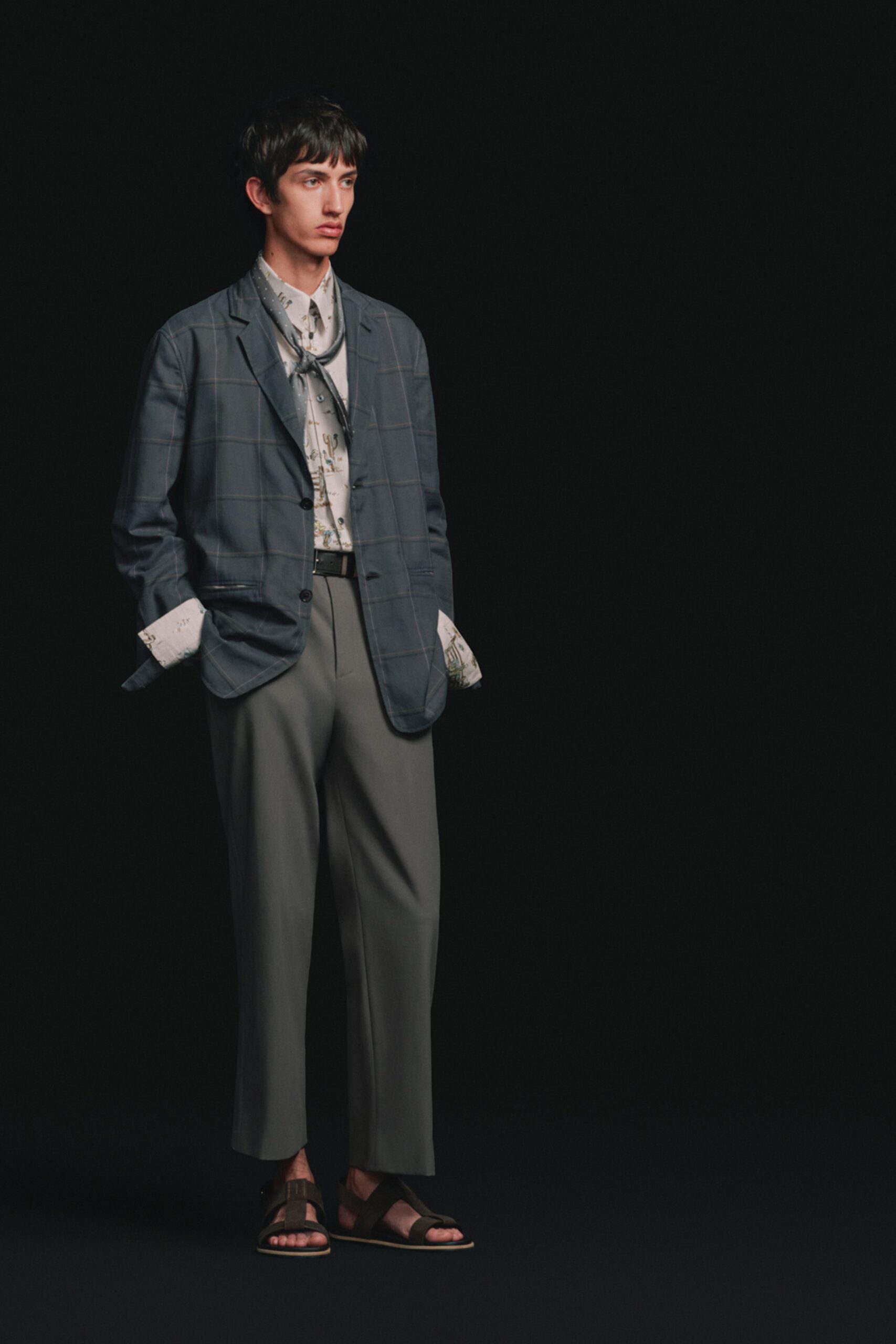 gray blazer with white shirt and green pants