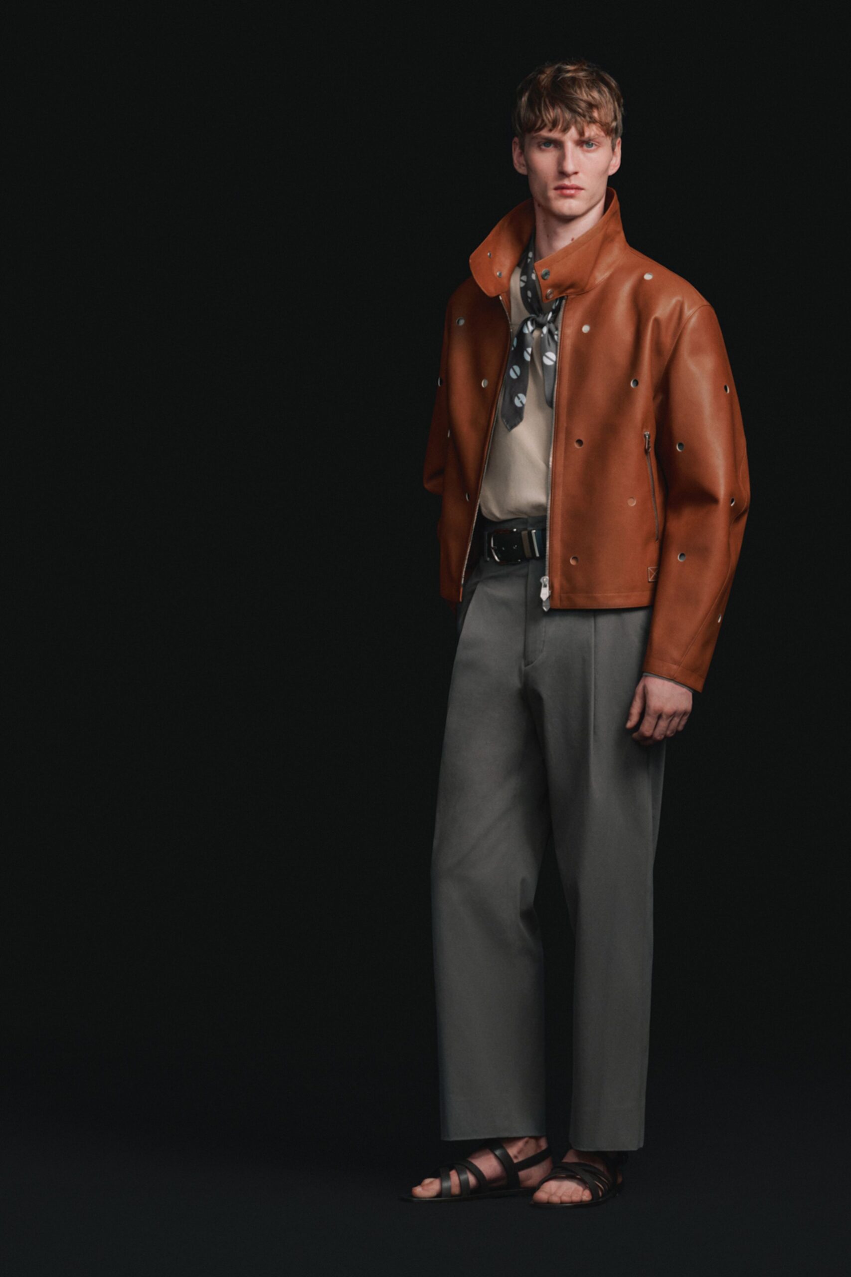 brown leather long-sleeve collared structured buttoned jacket