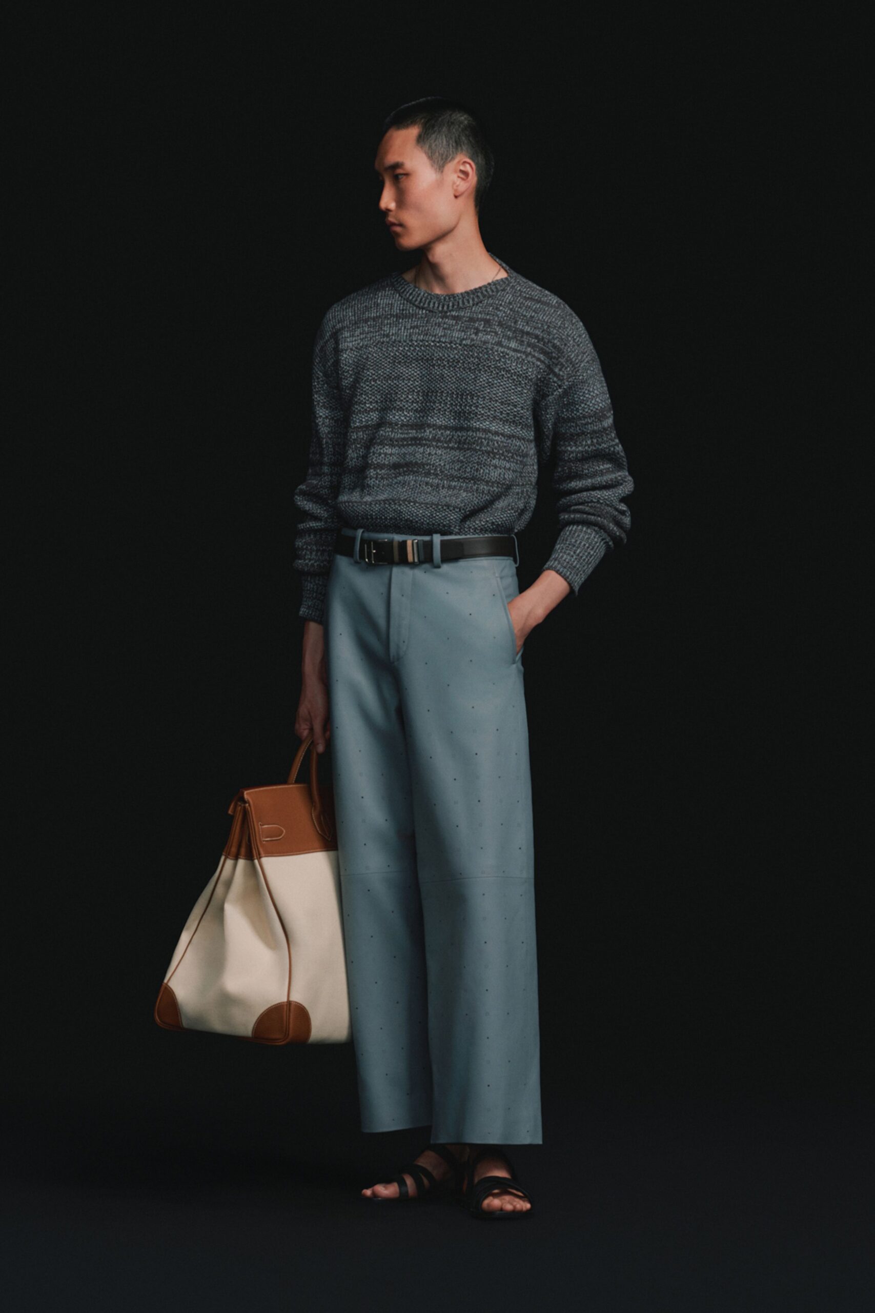 gray wool relaxed sweater with blue tailored pants