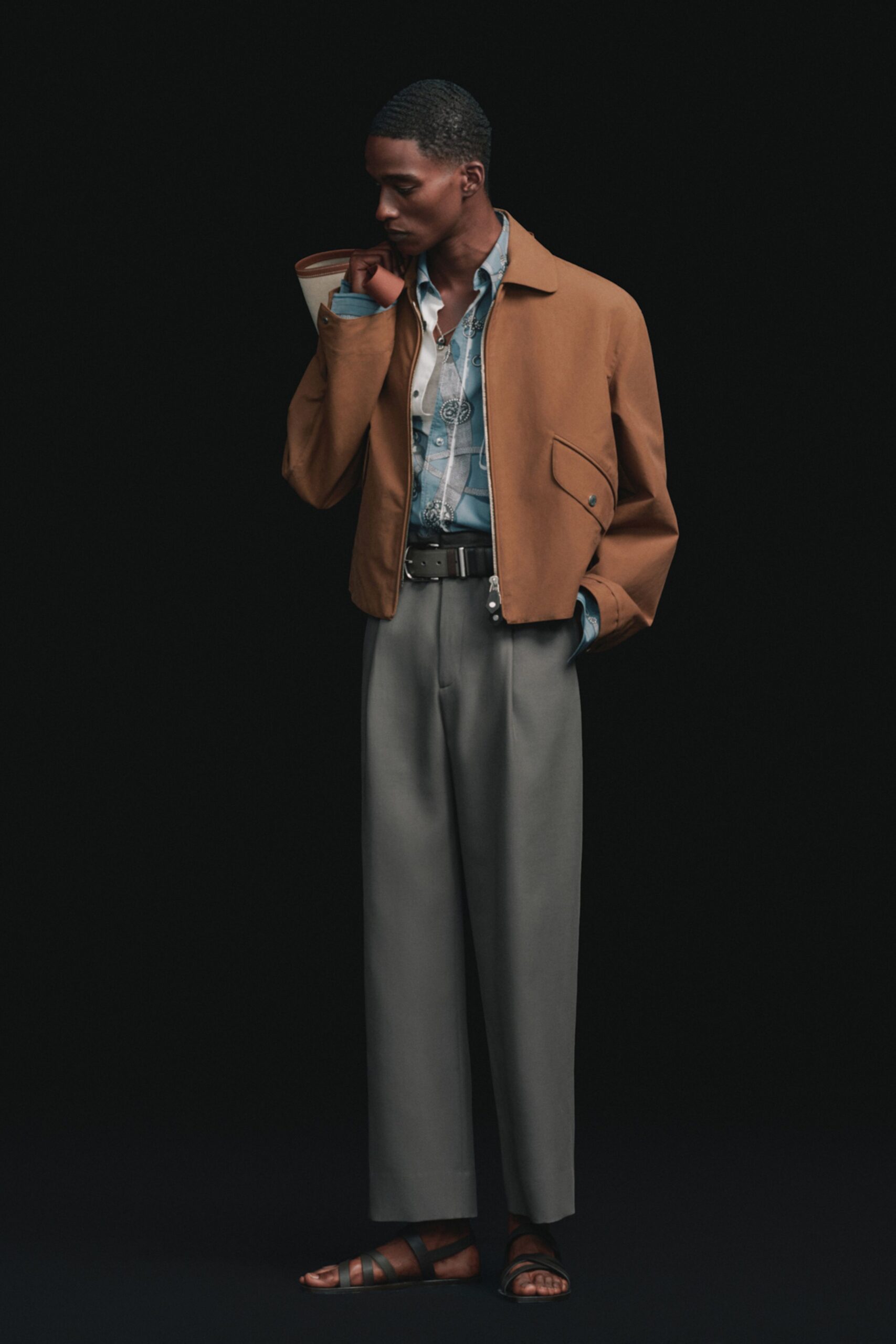 brown cotton long-sleeve collared relaxed buttoned jacket