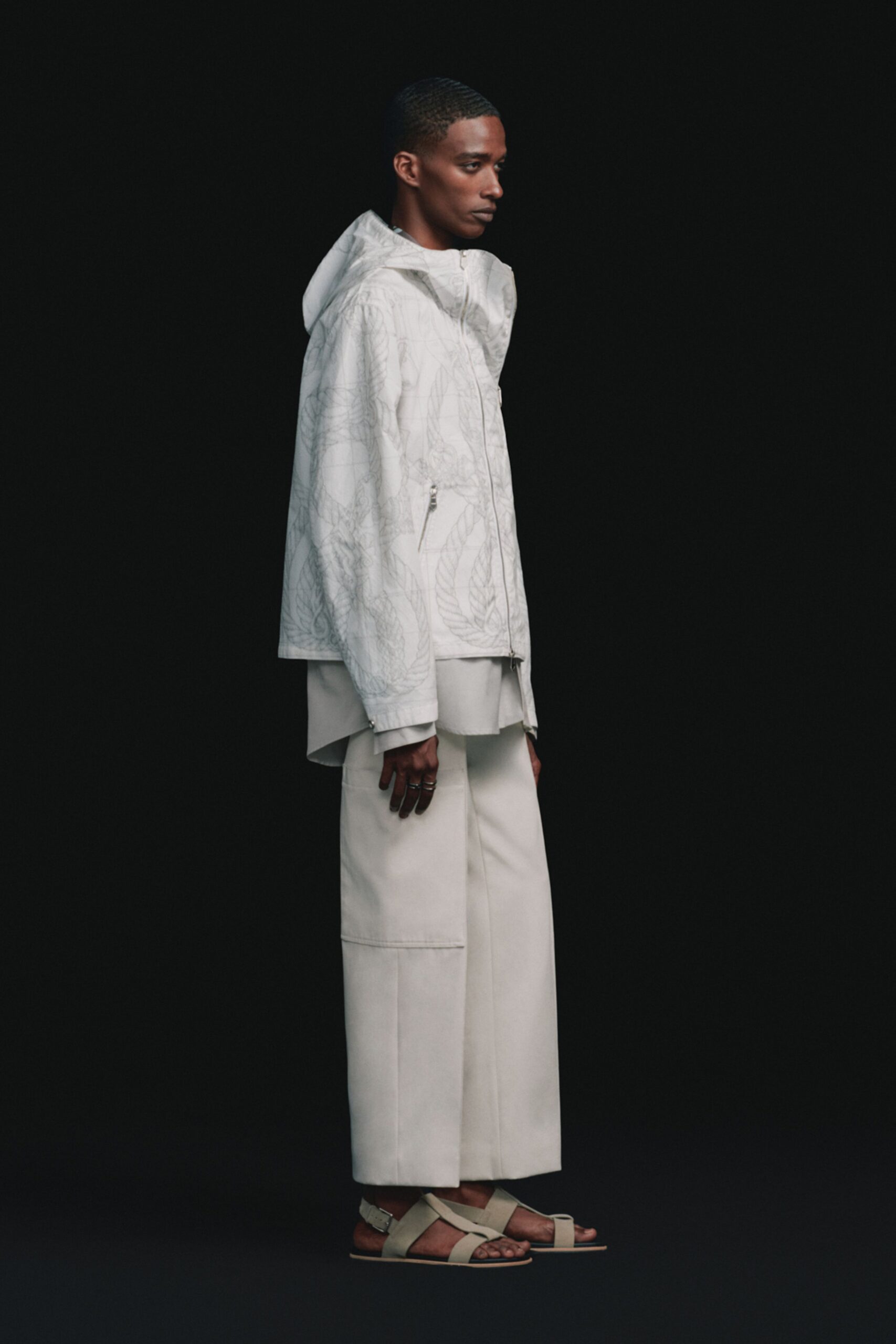 white cotton long-sleeve hooded relaxed zippered jacket