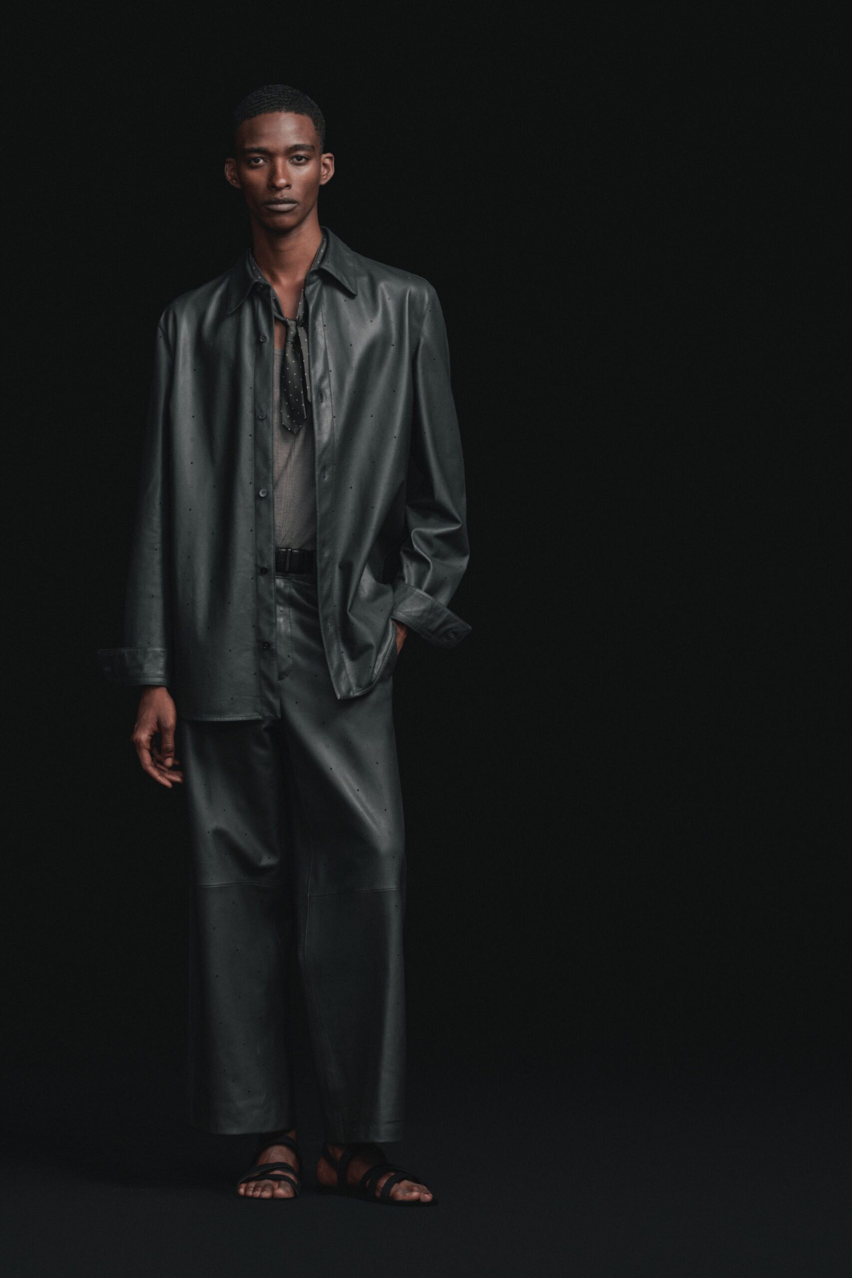black leather relaxed shirt and pants