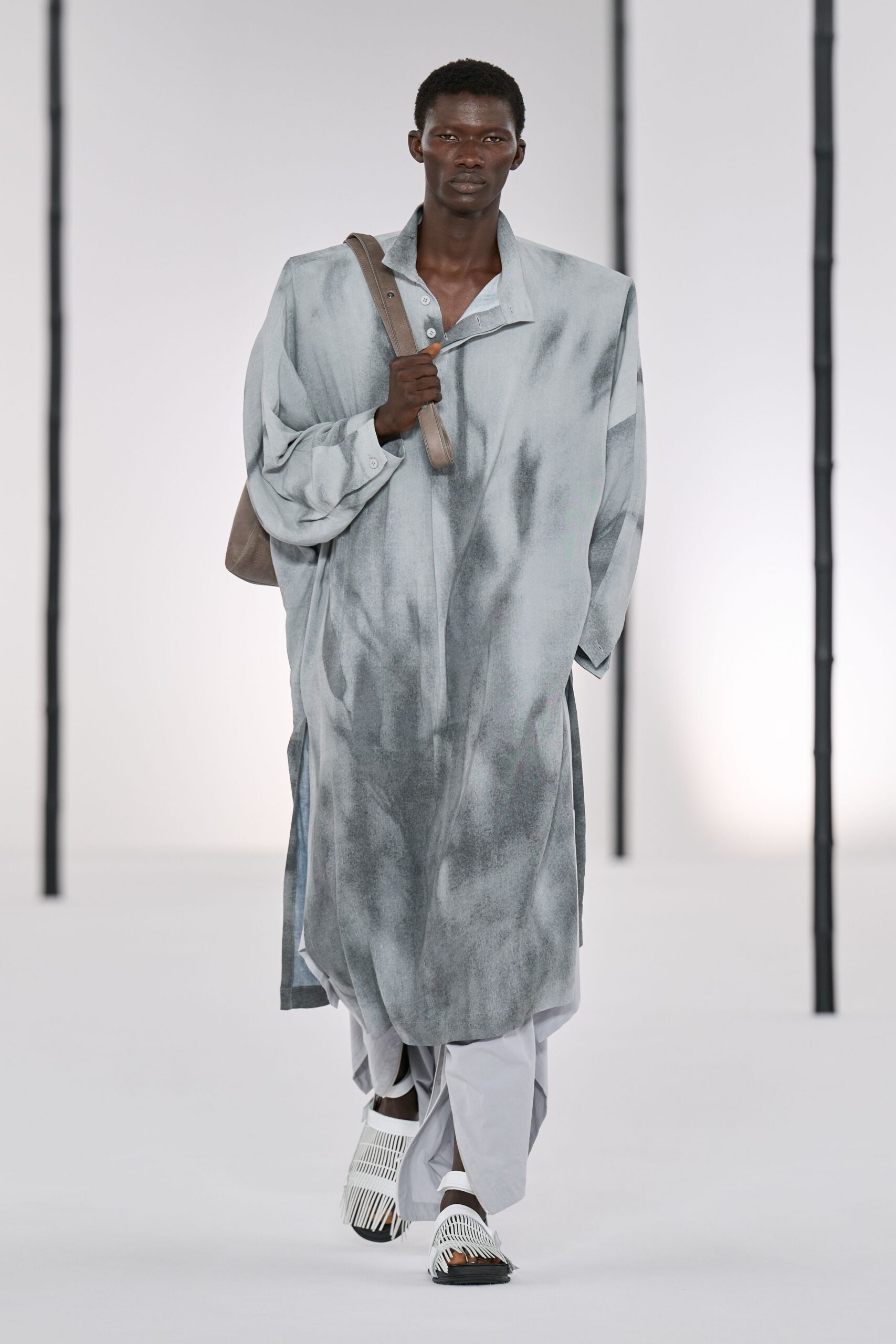 gray relaxed maxi dress with woven shoes