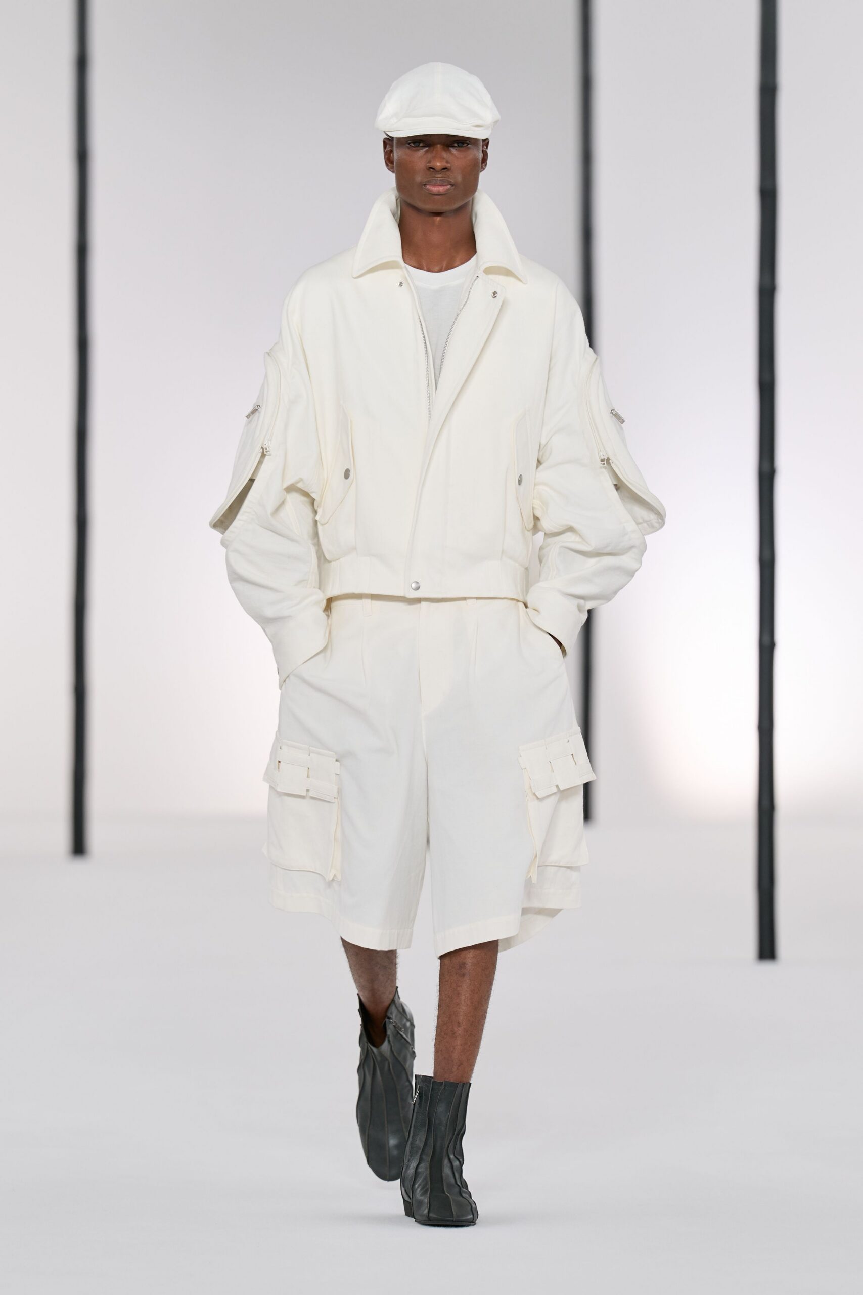 white cotton long-sleeve collared oversized zippered pockets jacket