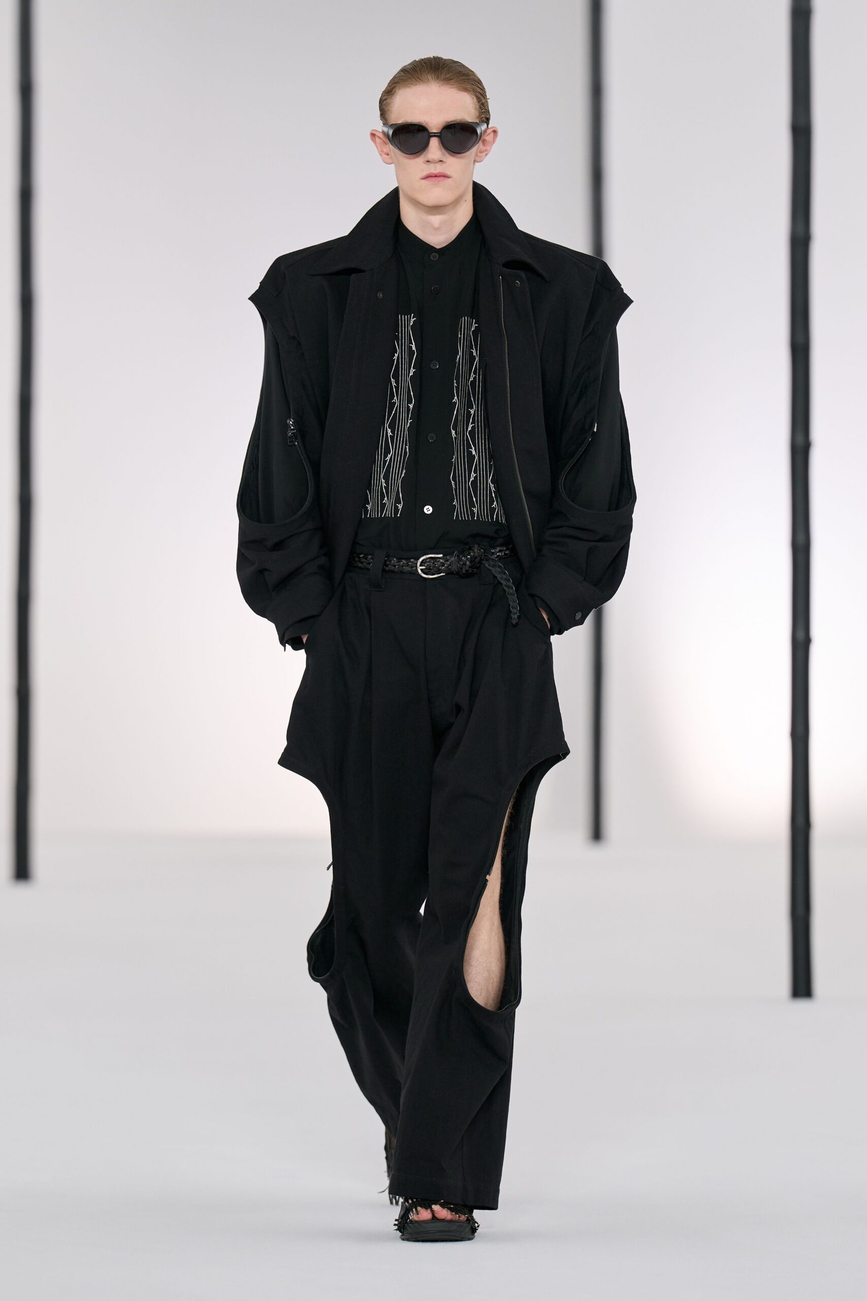 black cotton asymmetric relaxed zippered pants