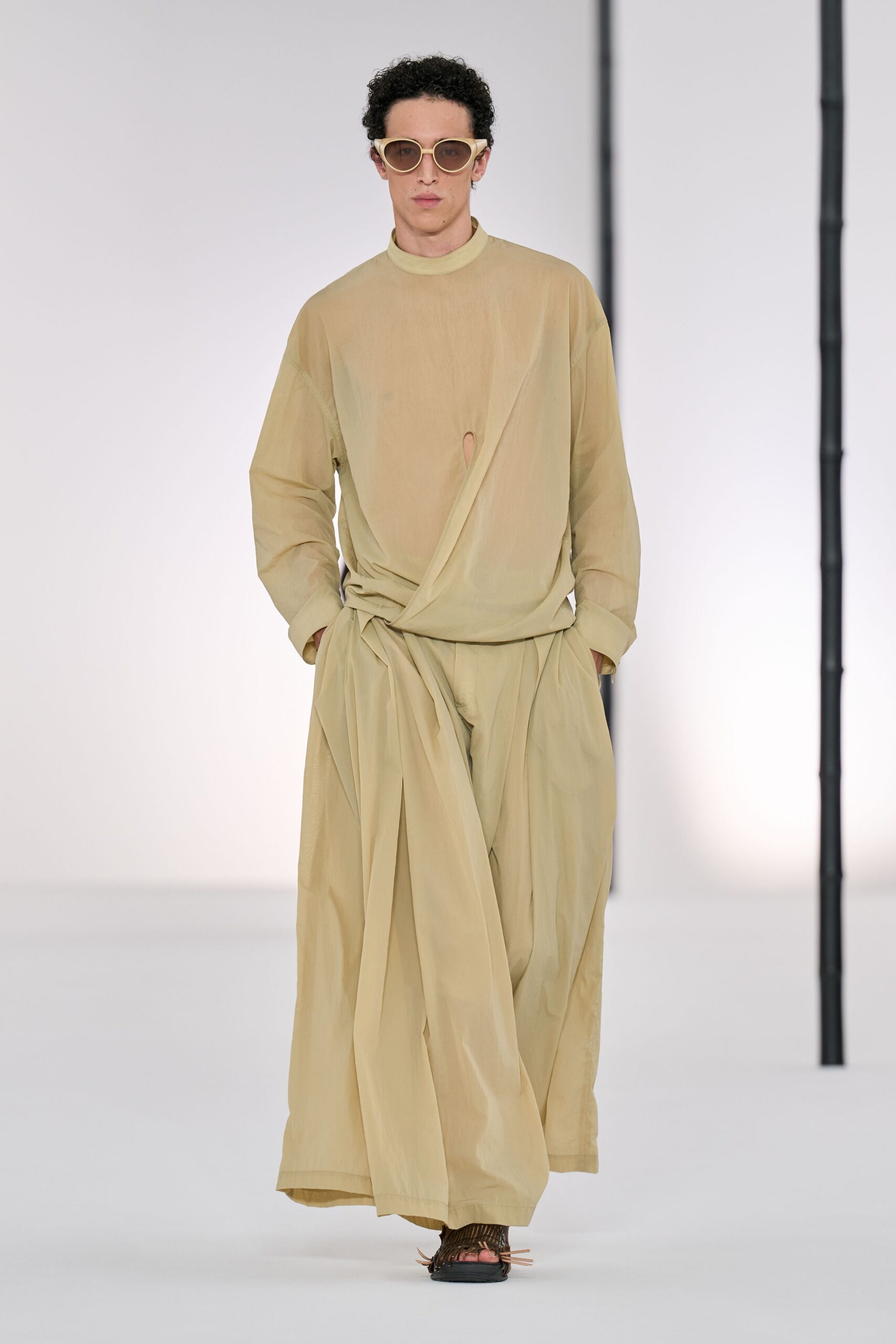 beige chiffon long-sleeve high-neck relaxed draped sheer top