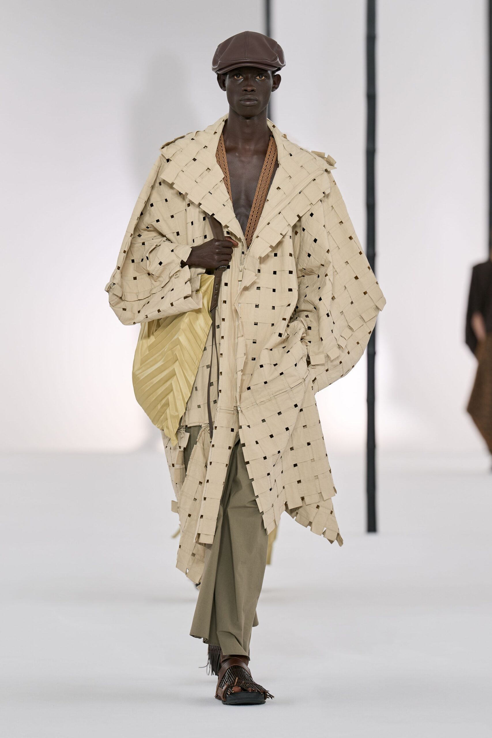 beige cotton long-sleeve collared relaxed layered pleated coat