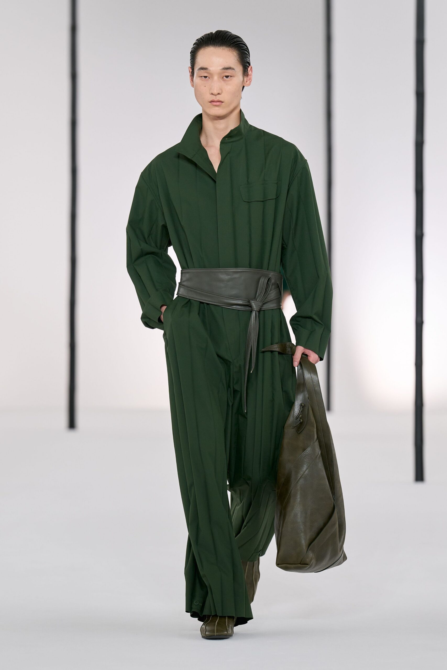 green cotton long-sleeve collared relaxed belted jumpsuit