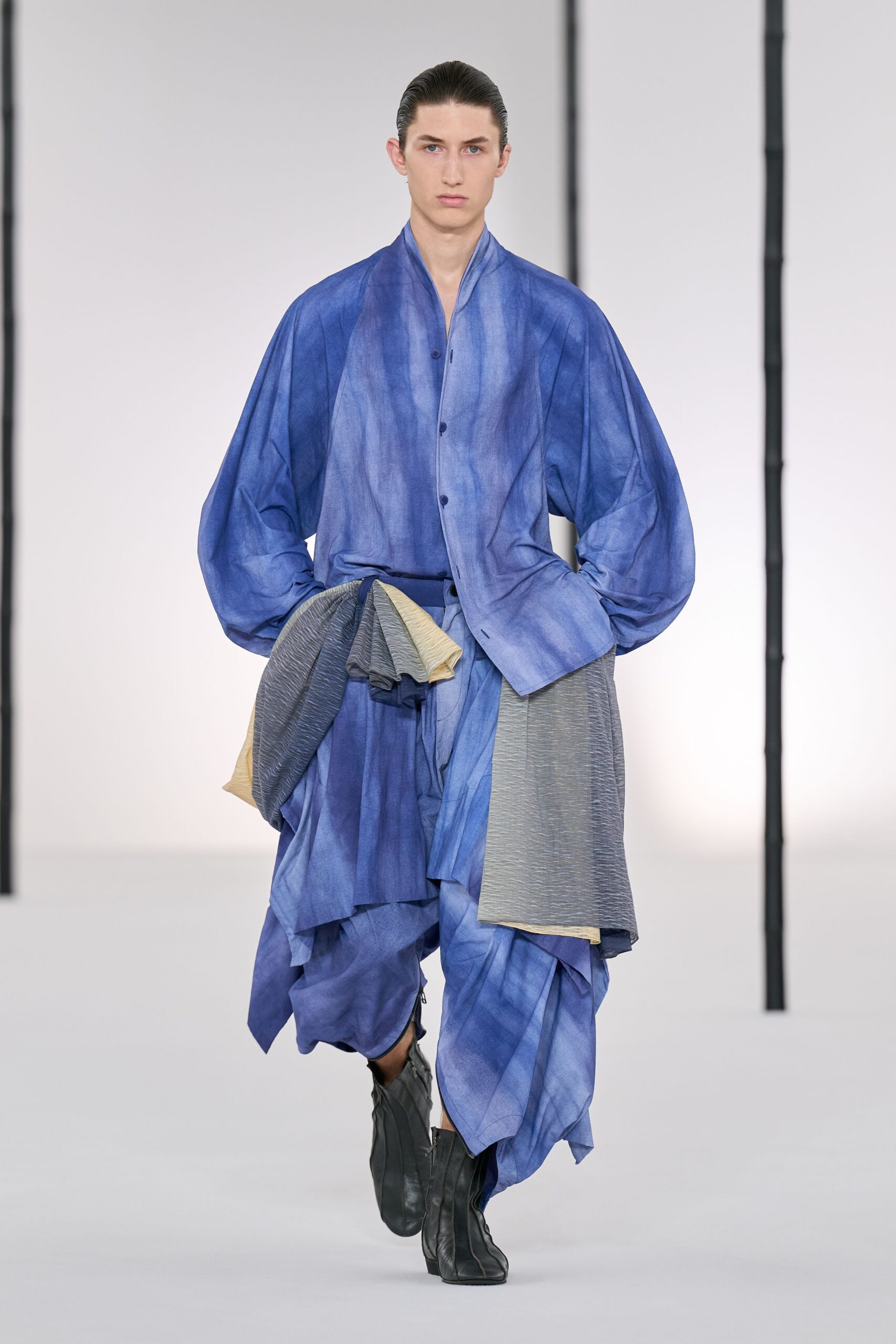 blue cotton relaxed layered pants