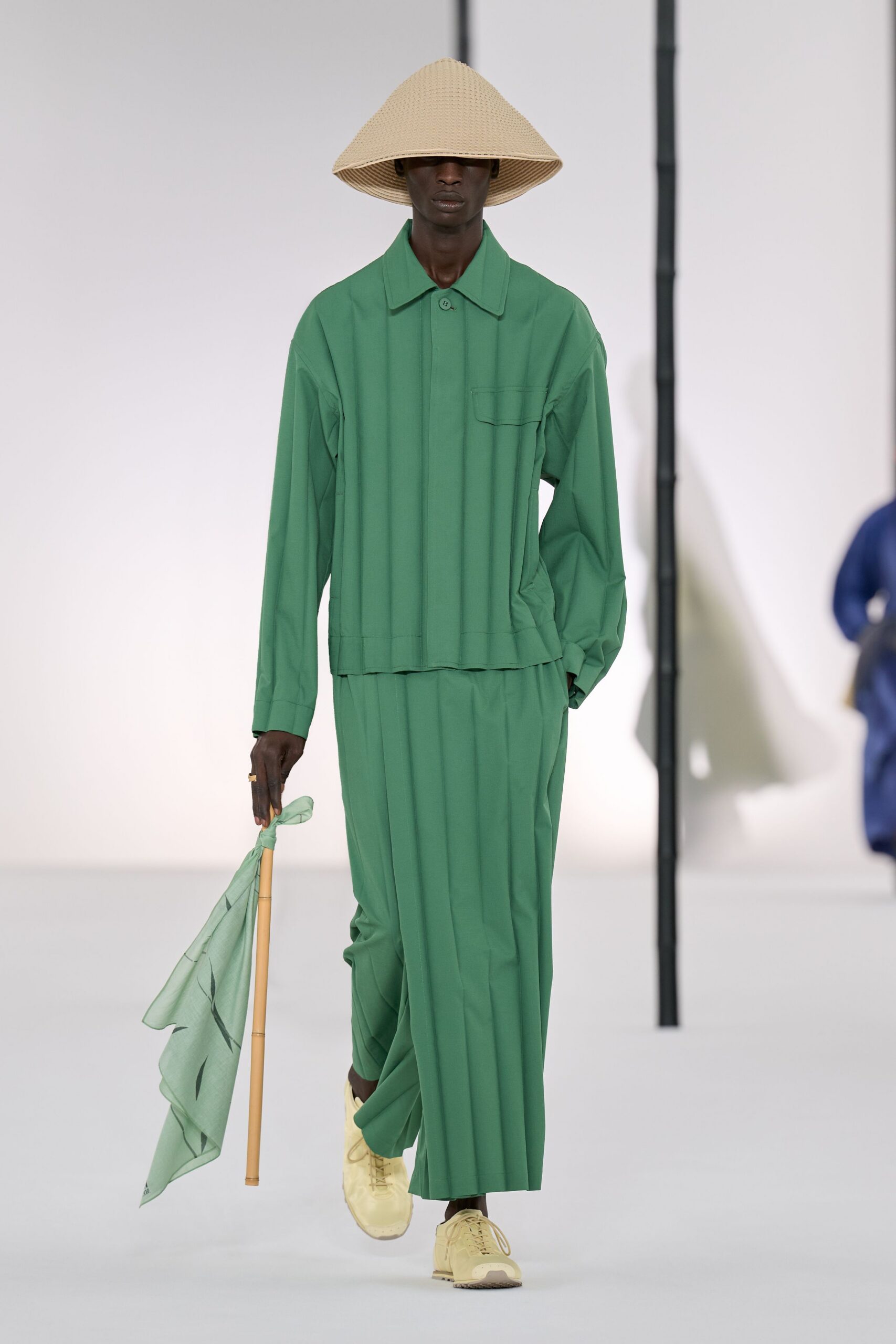 green cotton relaxed pleated maxi skirt