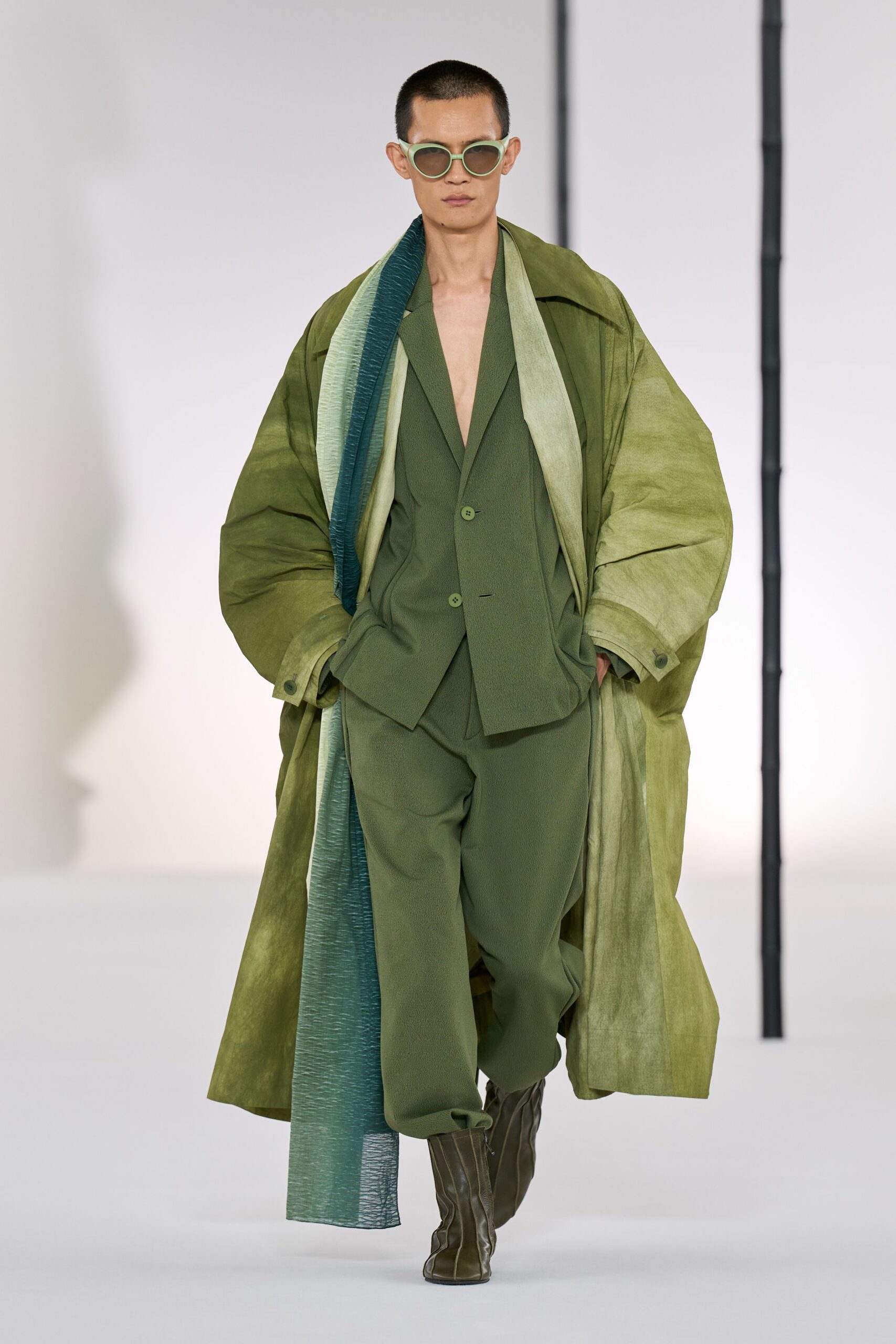green silk long-sleeve oversized layered coat