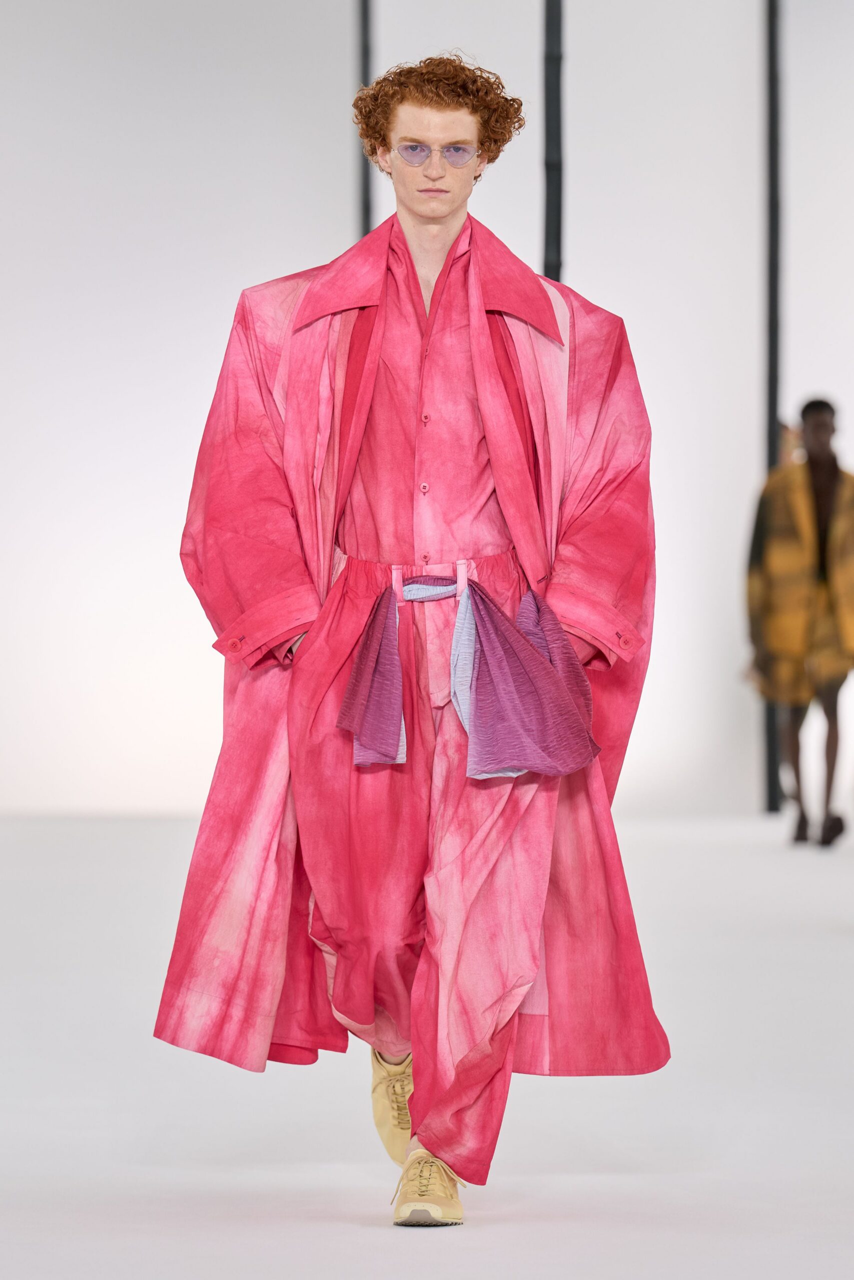 pink cotton long-sleeve collared relaxed layered maxi coat