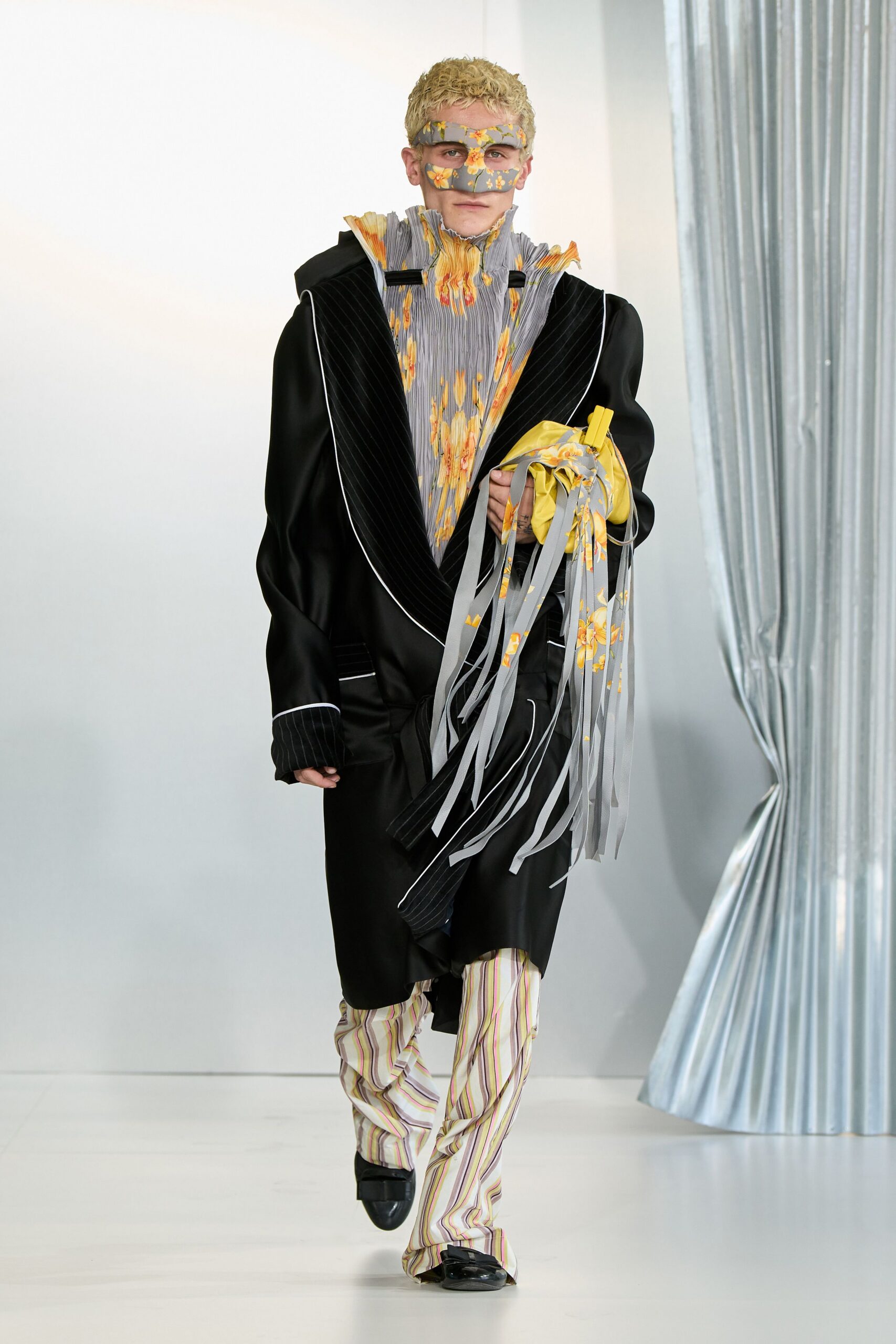 black silk long-sleeve collared relaxed zippered layered coat