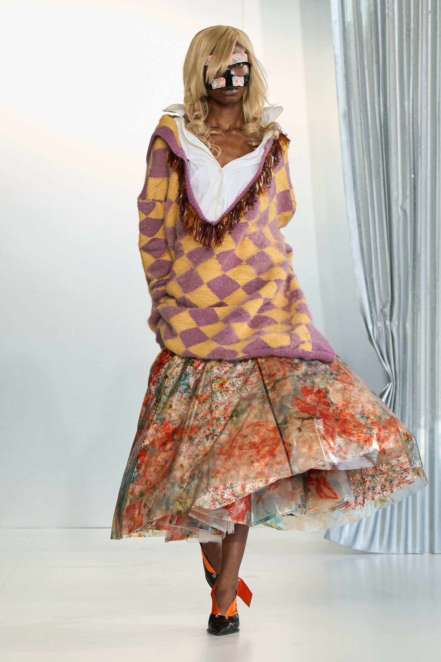 oversized purple yellow sweater with floral skirt