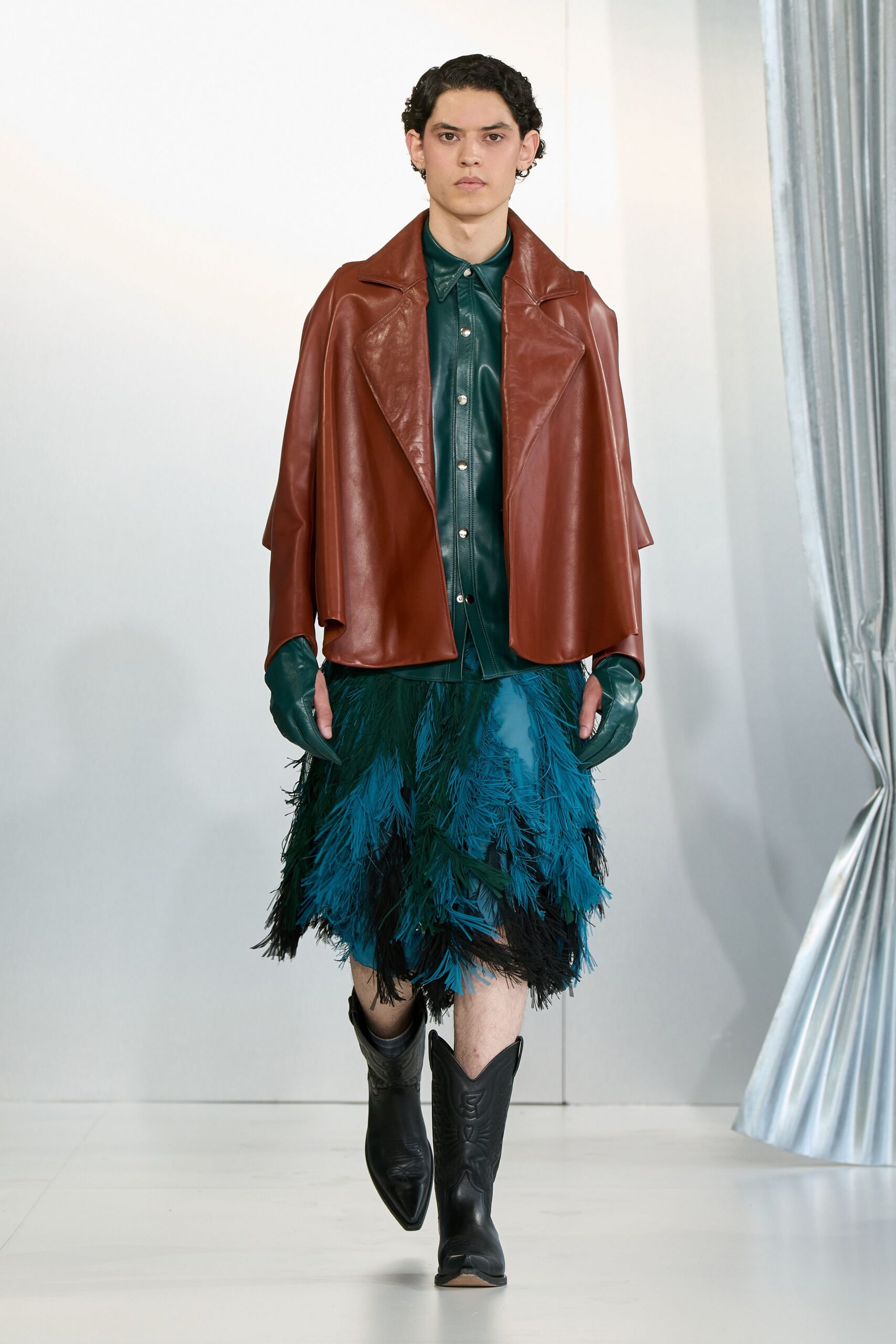 brown leather jacket teal shirt black feather skirt