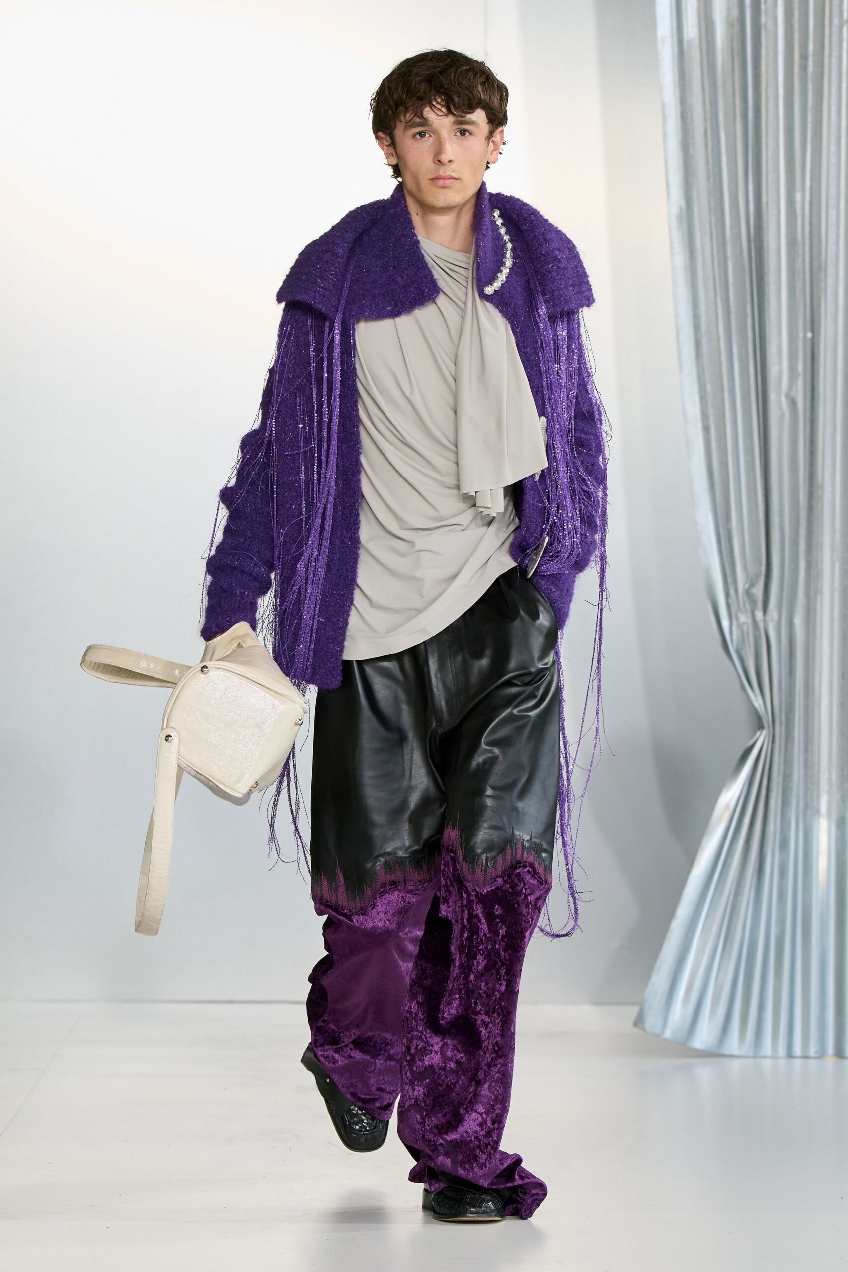 purple wool long-sleeve collared relaxed fringed jacket