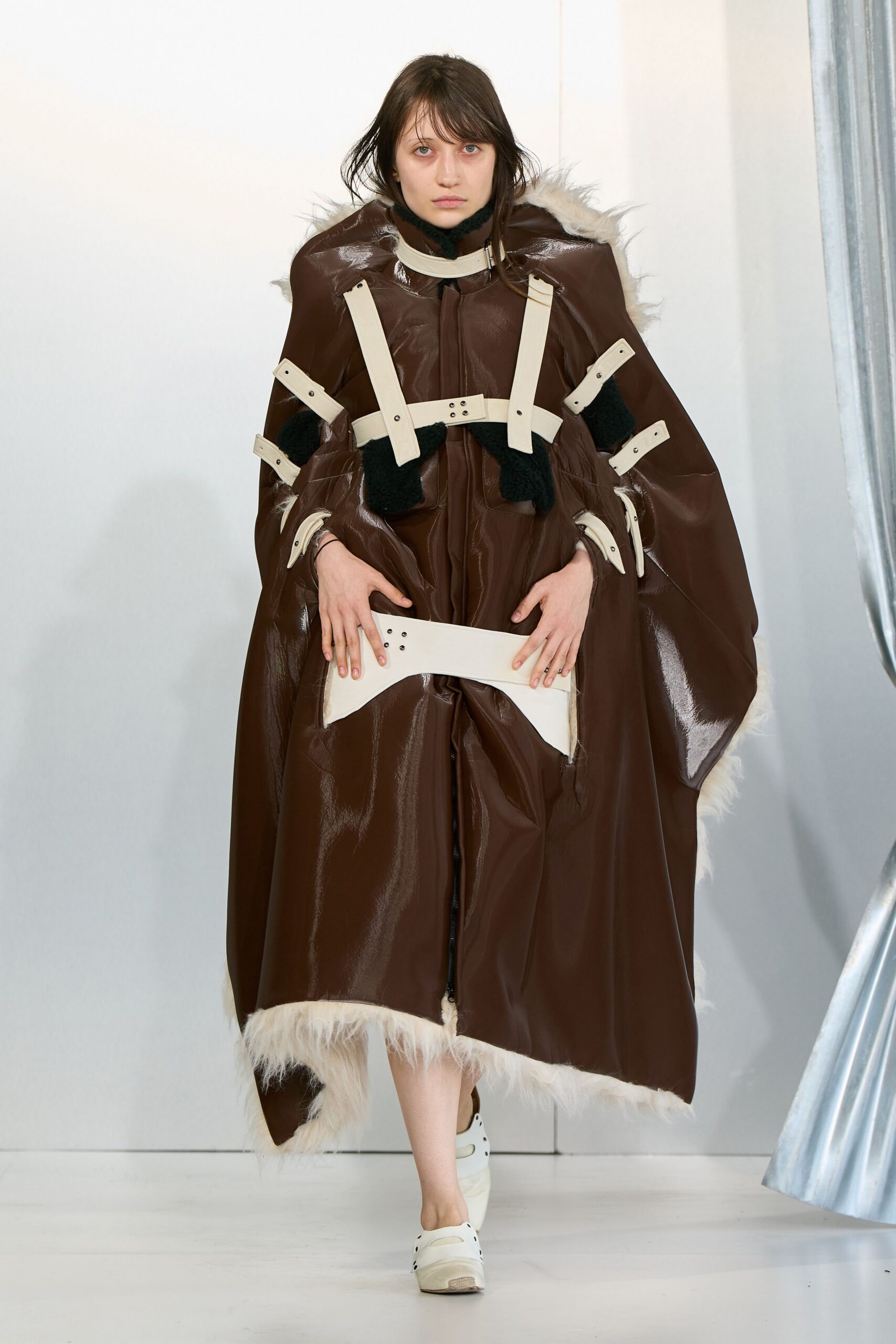 brown vinyl long-sleeve relaxed layered fringed maxi cape