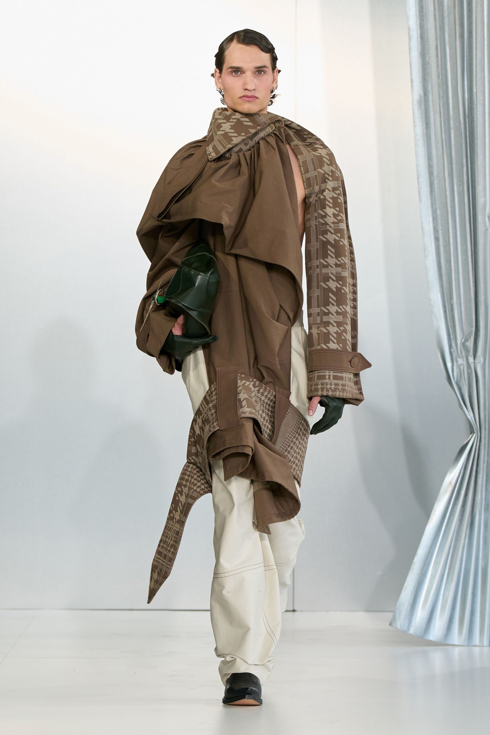 brown layered coat with white pants