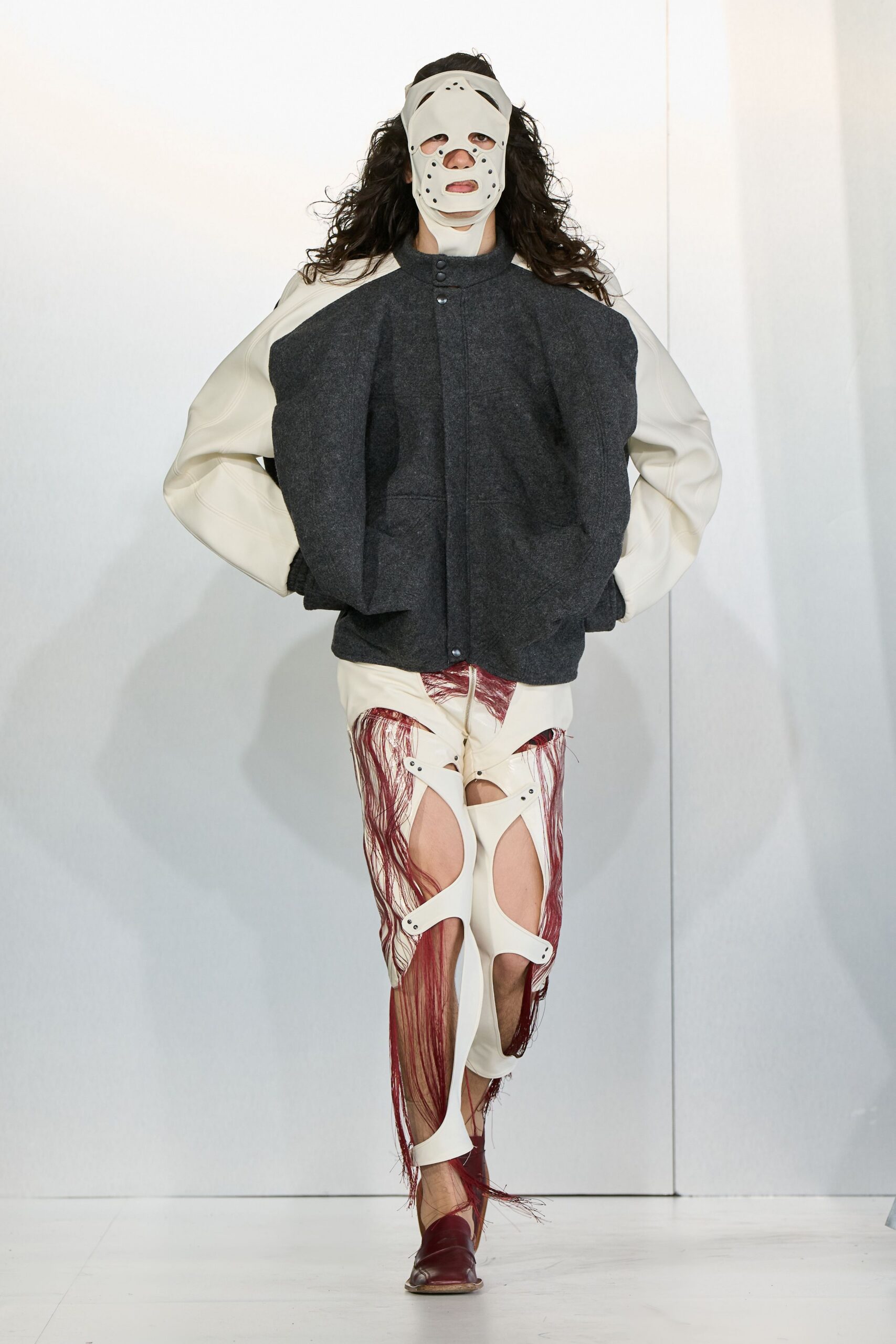 oversized gray jacket with cutout pants
