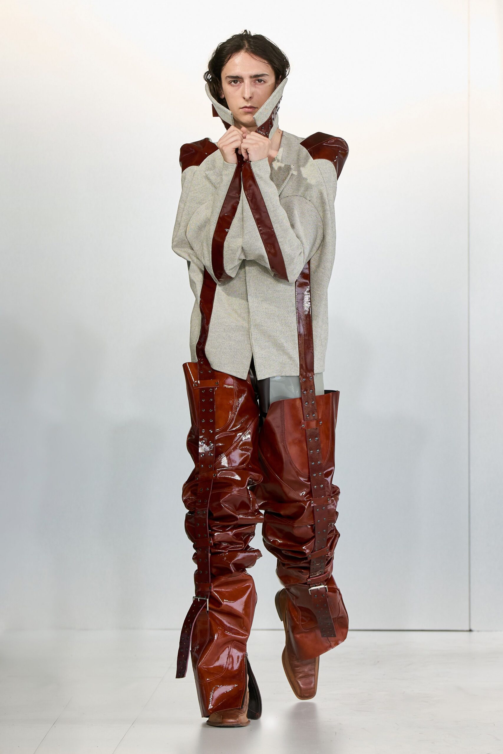 brown vinyl fitted zippered pants