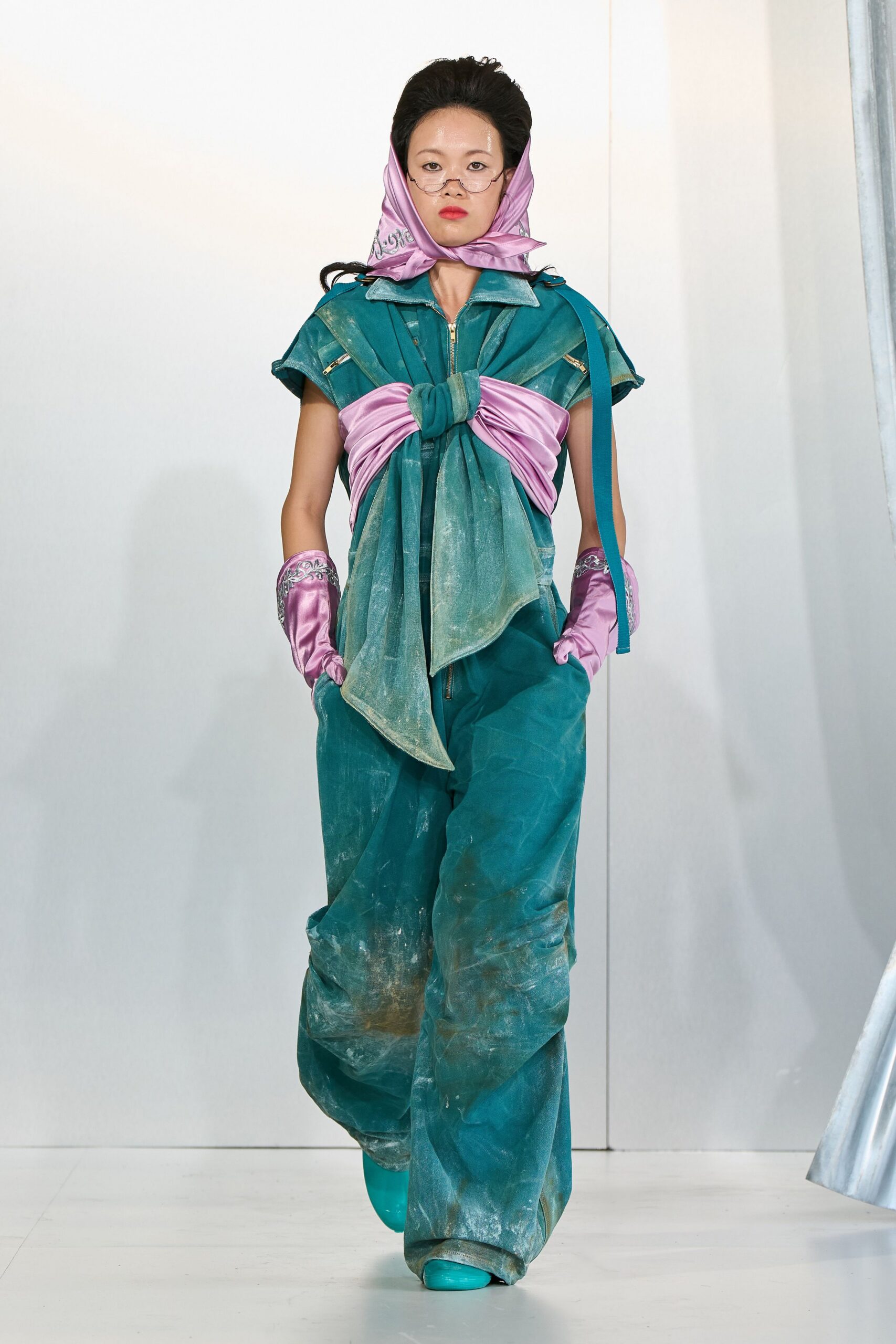 teal relaxed jumpsuit with pink blouse