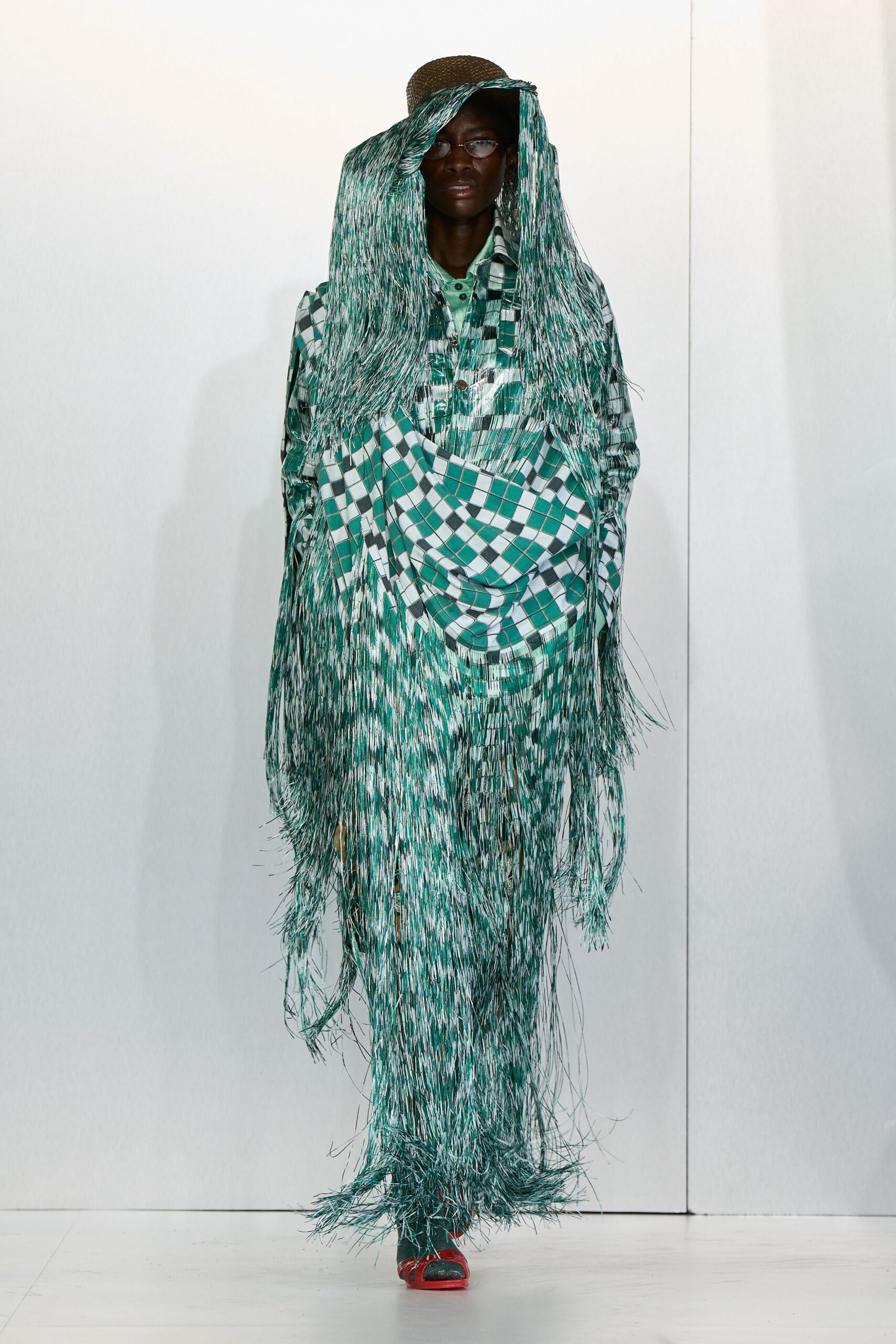 green cotton long-sleeve relaxed fringed layered maxi dress
