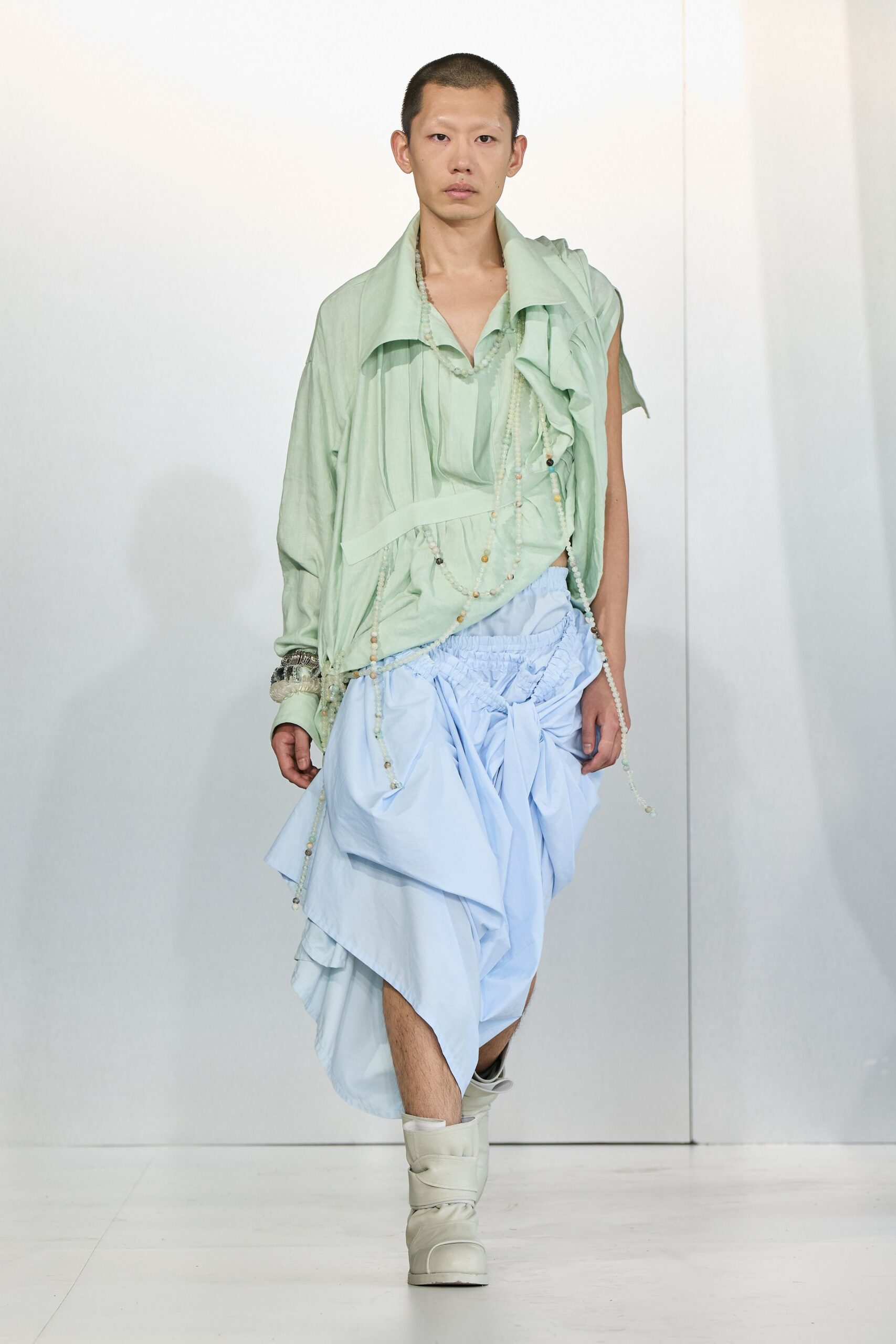 blue cotton asymmetric fitted pleated skirt