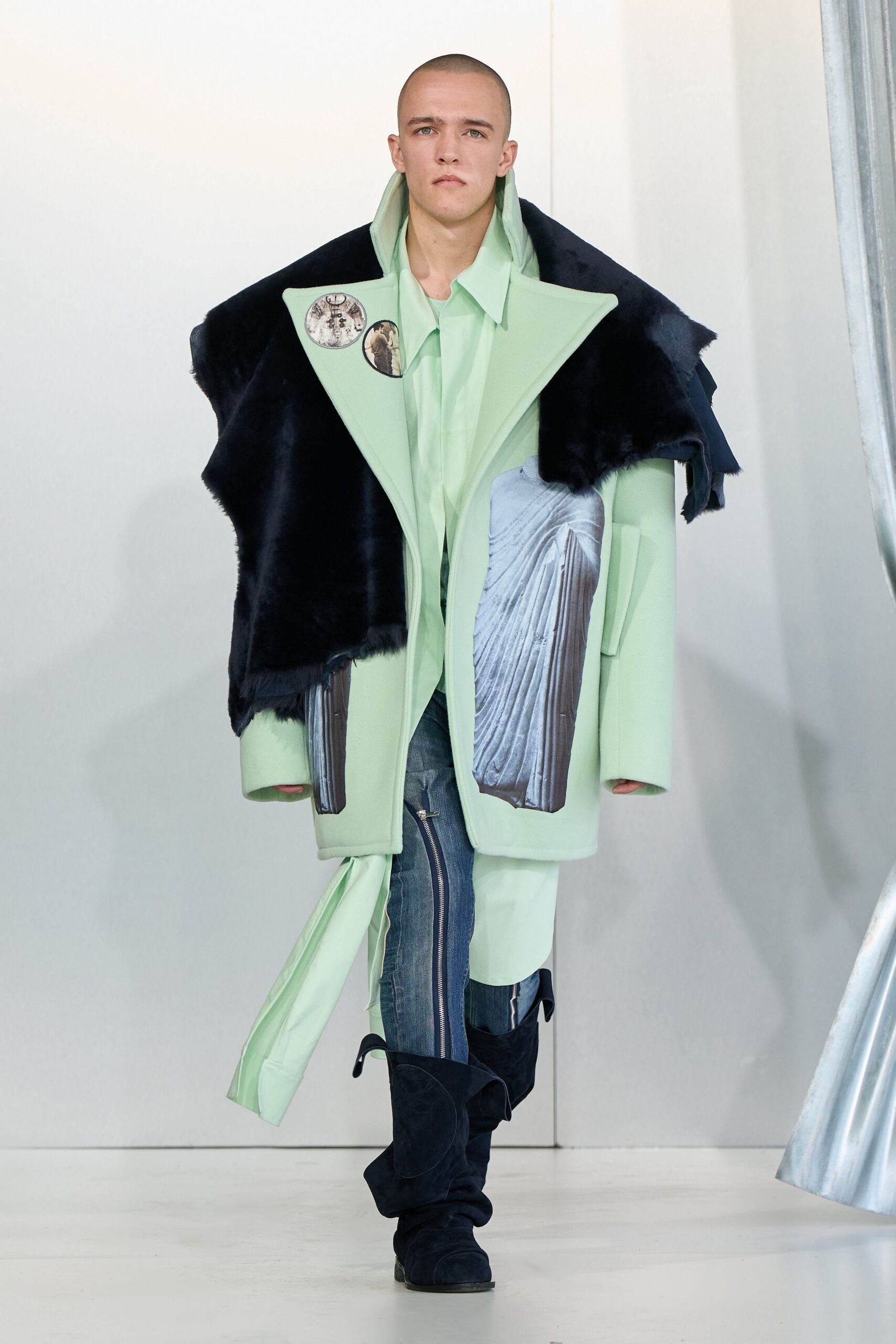 oversized mint coat with denim pants