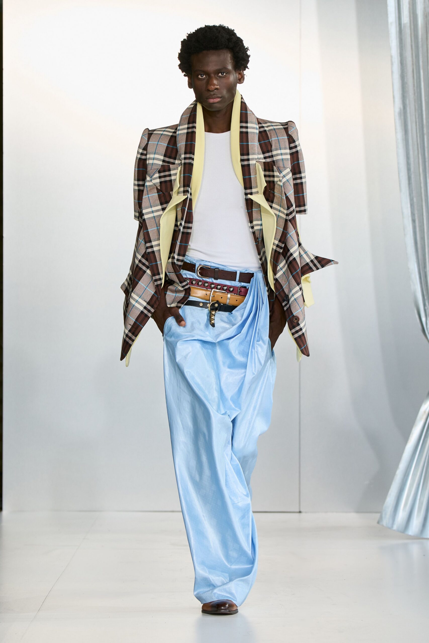 blue silk relaxed pleated shiny pants