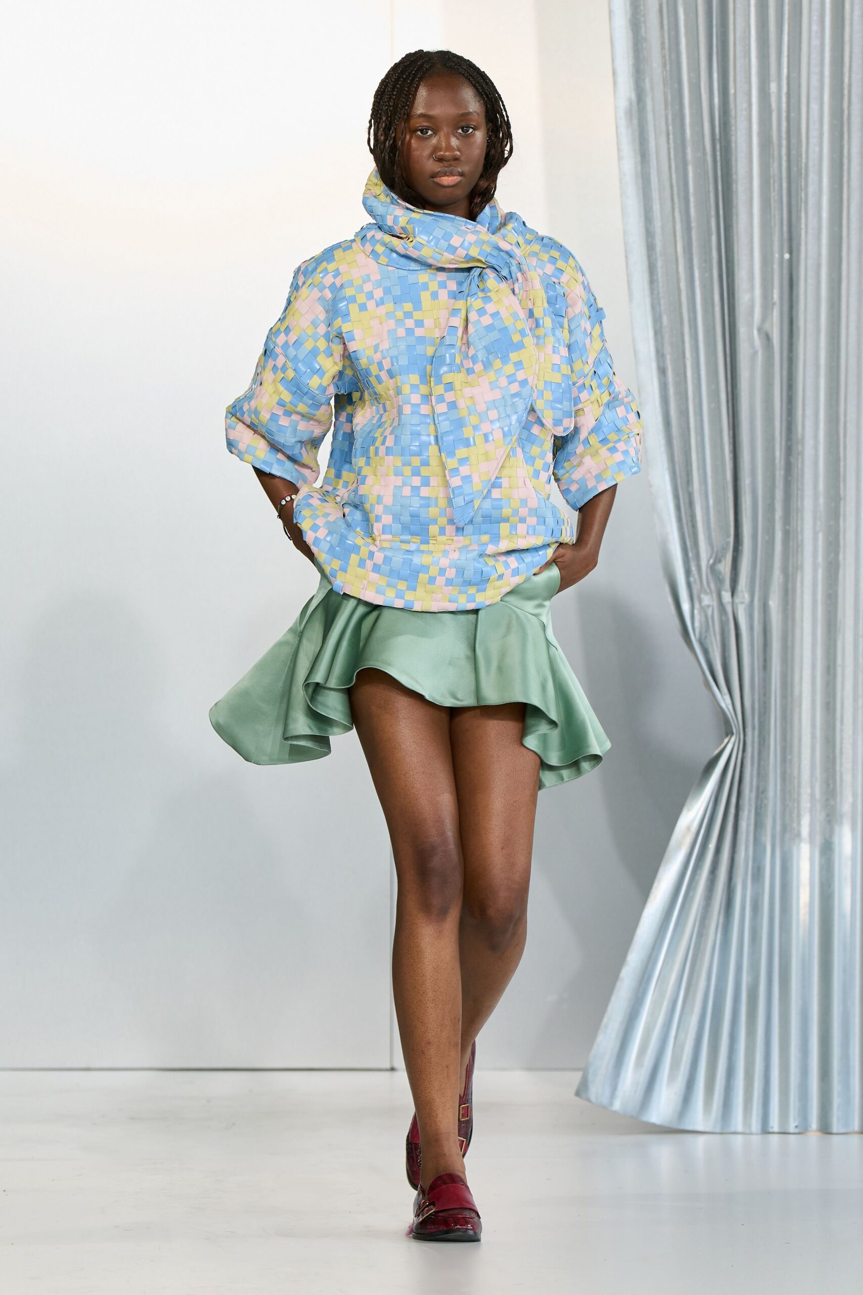 colorful top with flared skirt