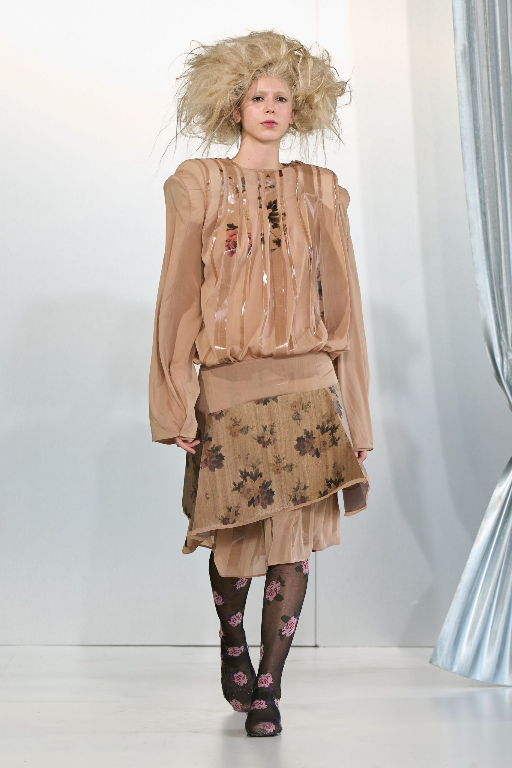 beige silk blouse and skirt