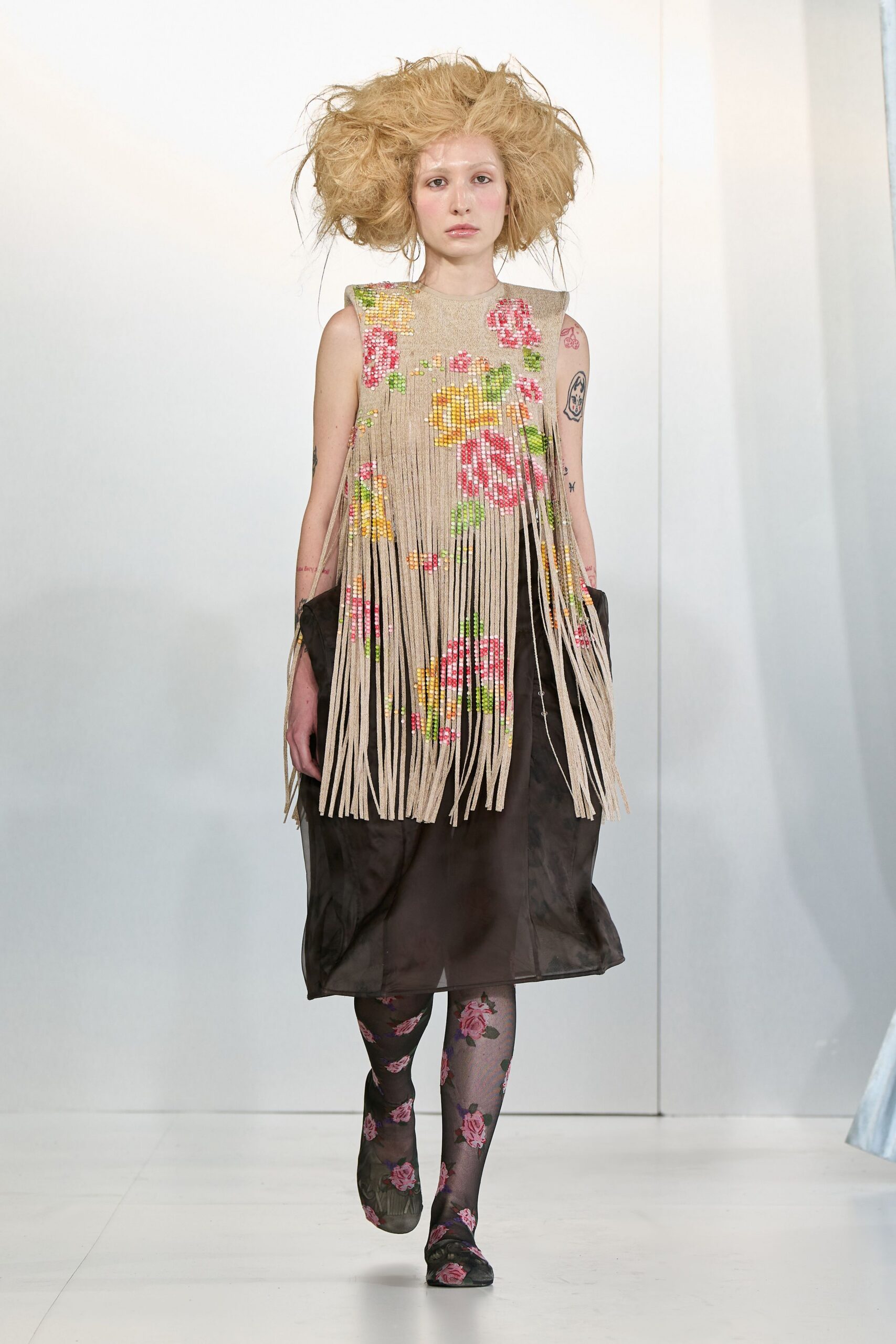 black floral fringed midi dress