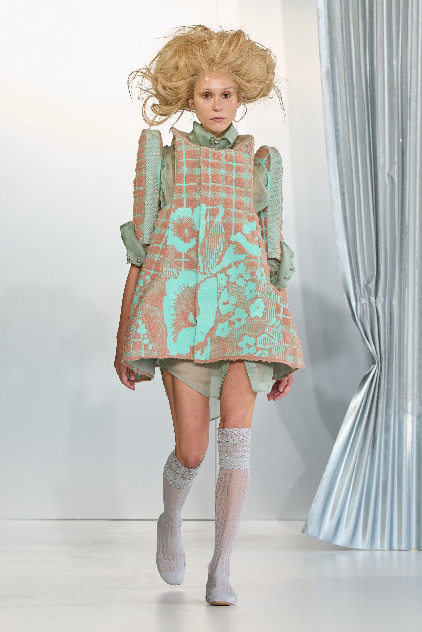 green cotton sleeveless relaxed embroidered layered short dress