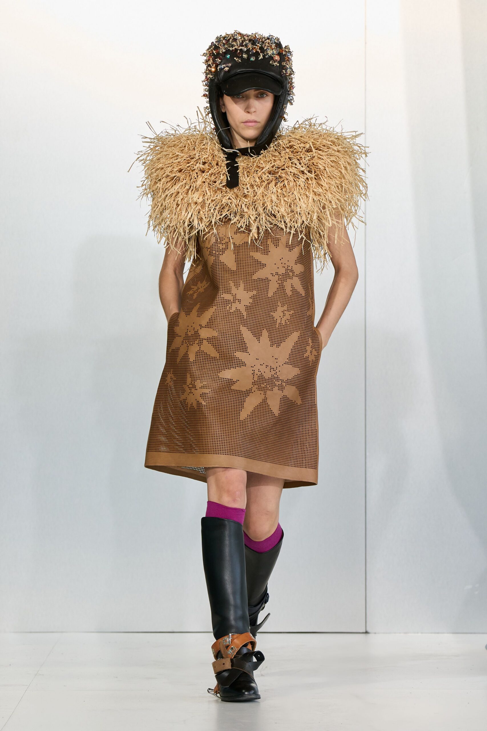 brown floral mini dress with boots