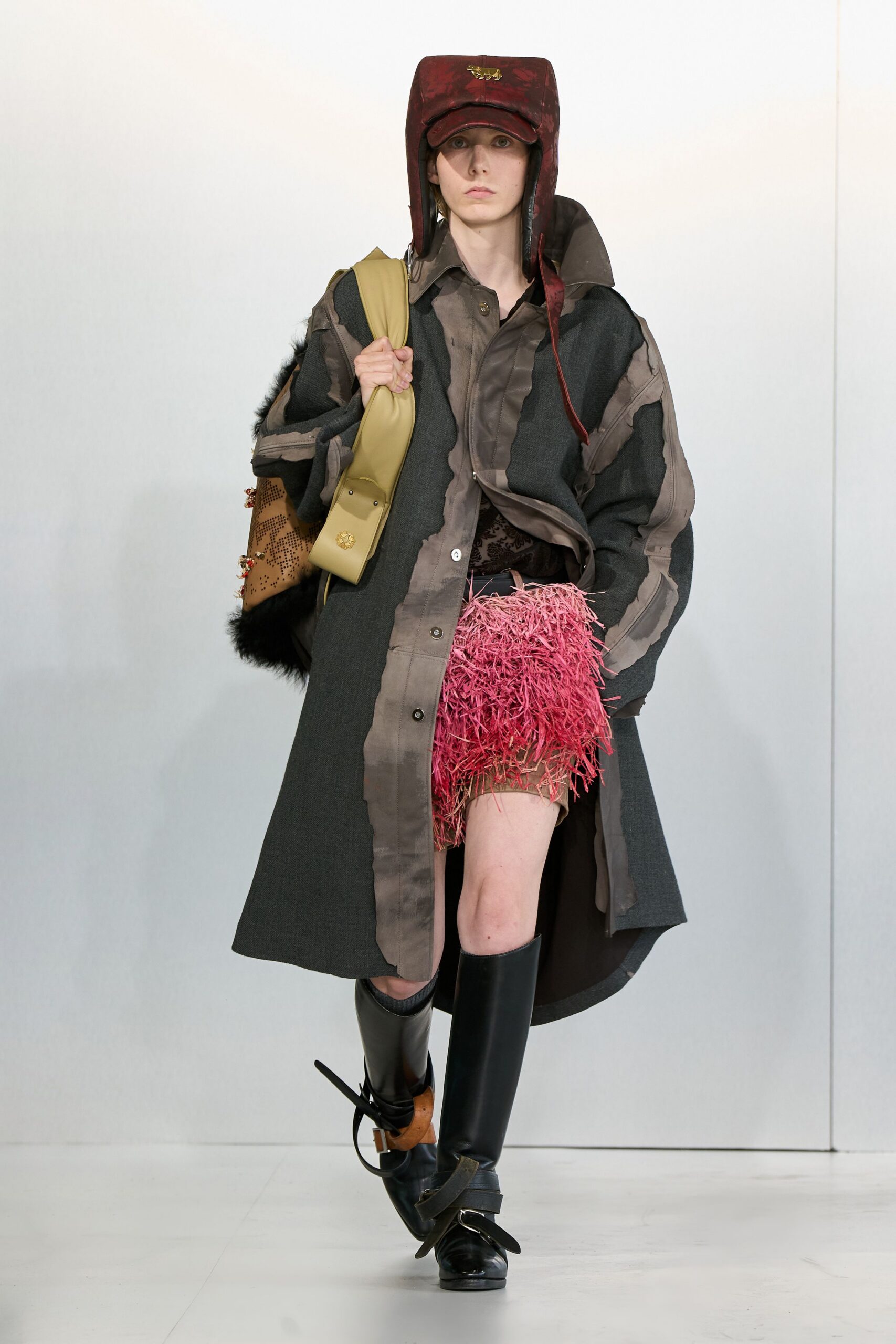 gray wool long-sleeve collared relaxed layered buttoned coat