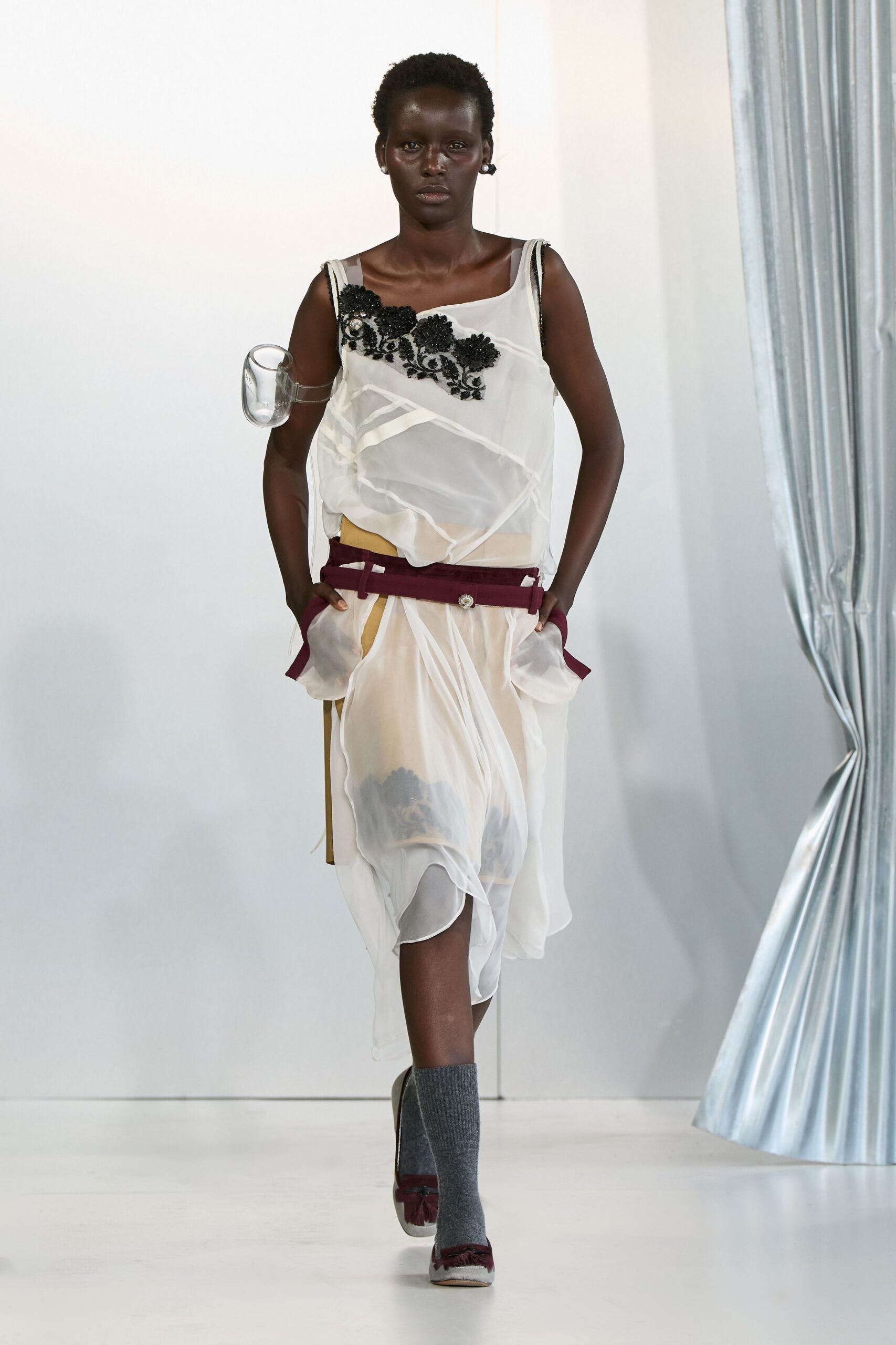 white silk sleeveless v-neck fitted layered embroidered dress