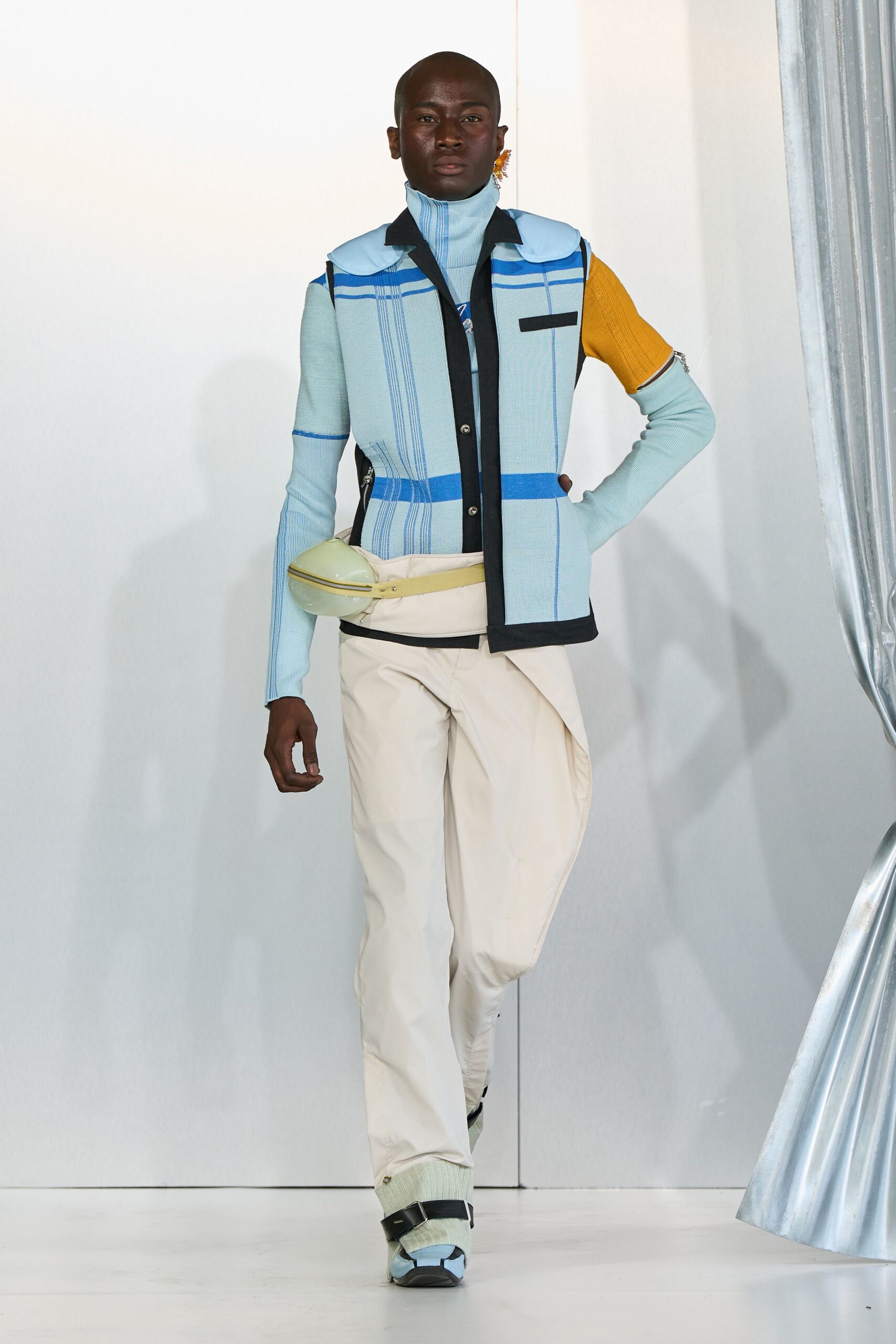 blue color-blocked jacket with relaxed pants