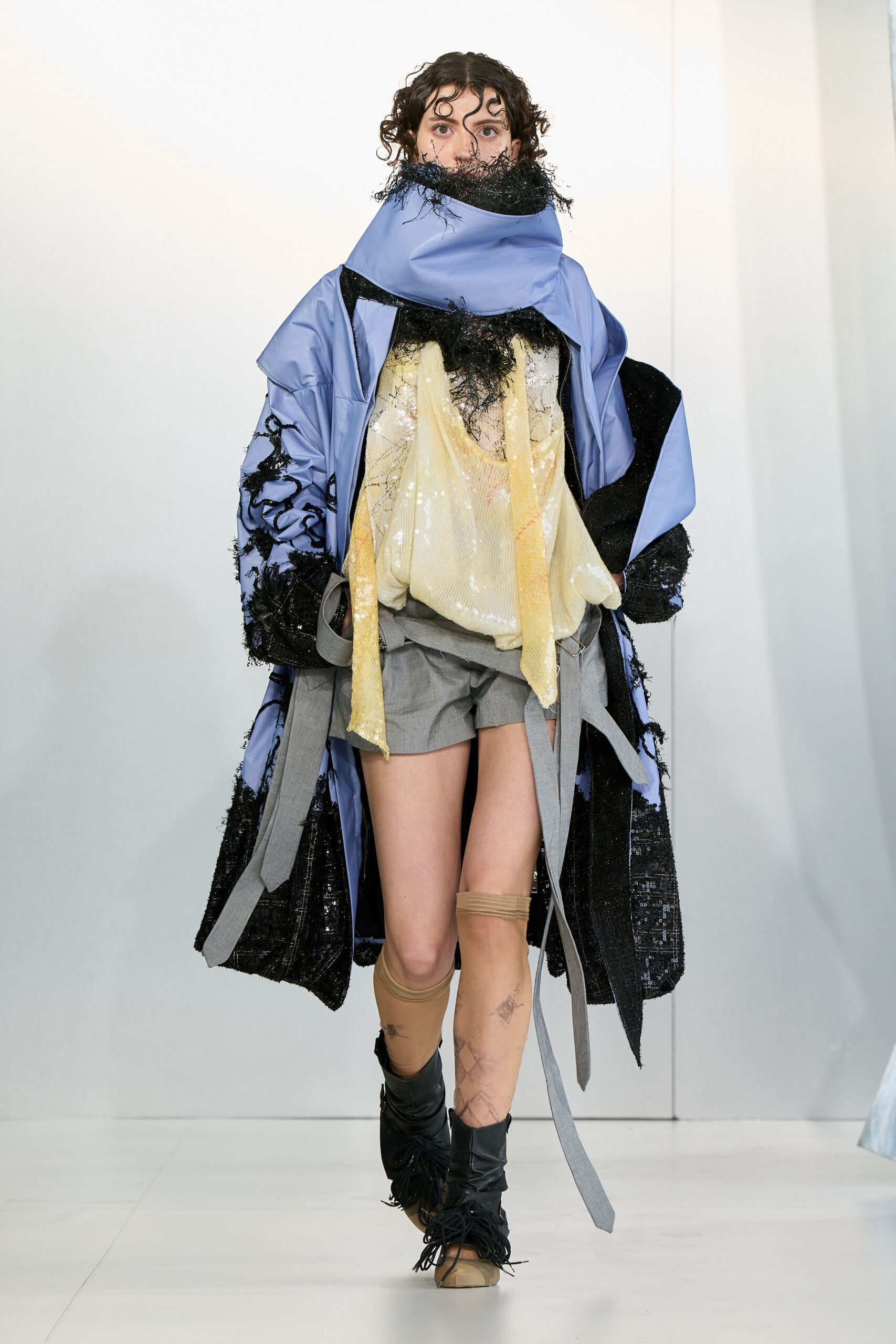 blue silk long-sleeve collared relaxed layered fringed coat