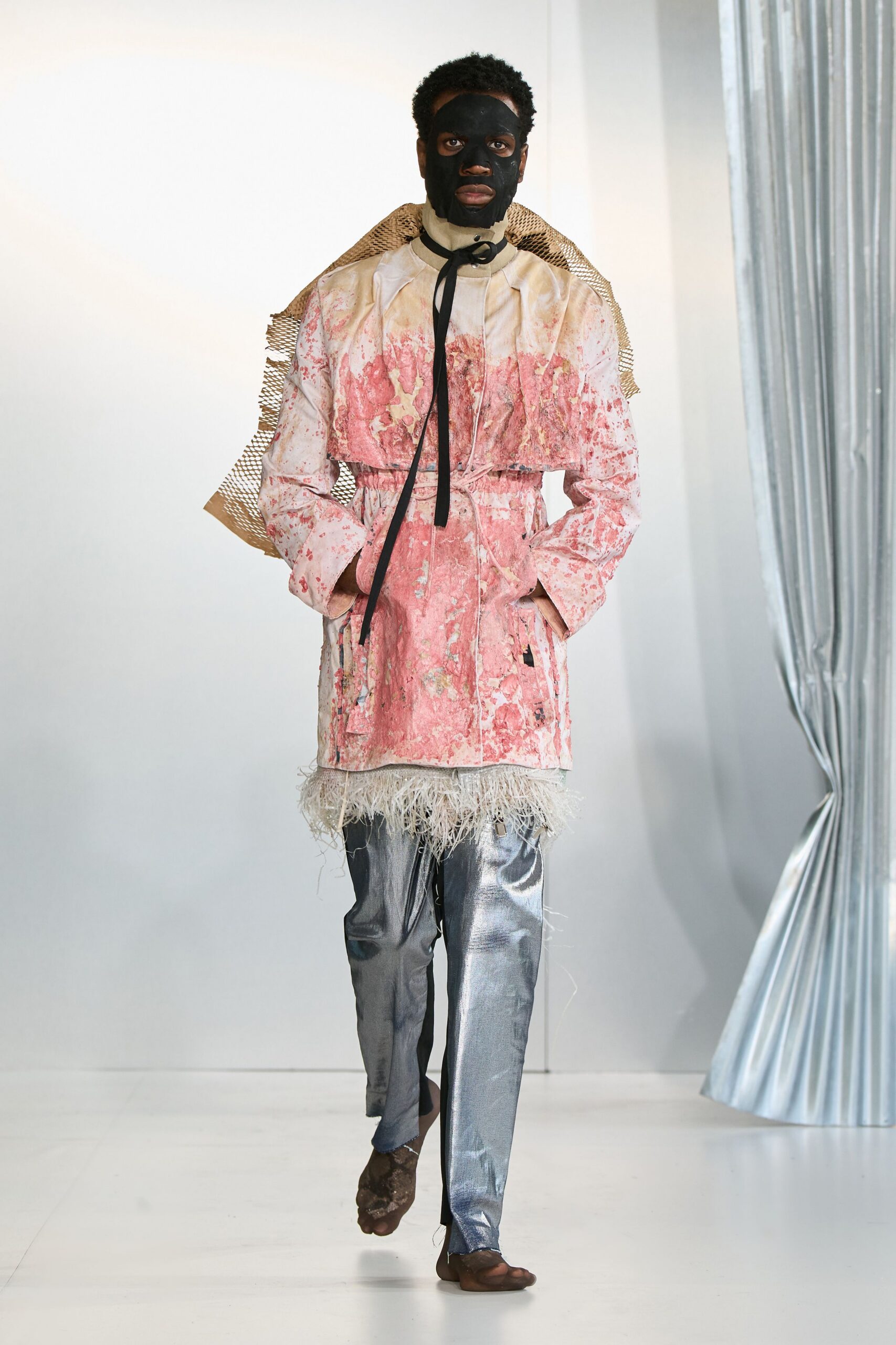 gray metallic slim straight-leg shiny pants