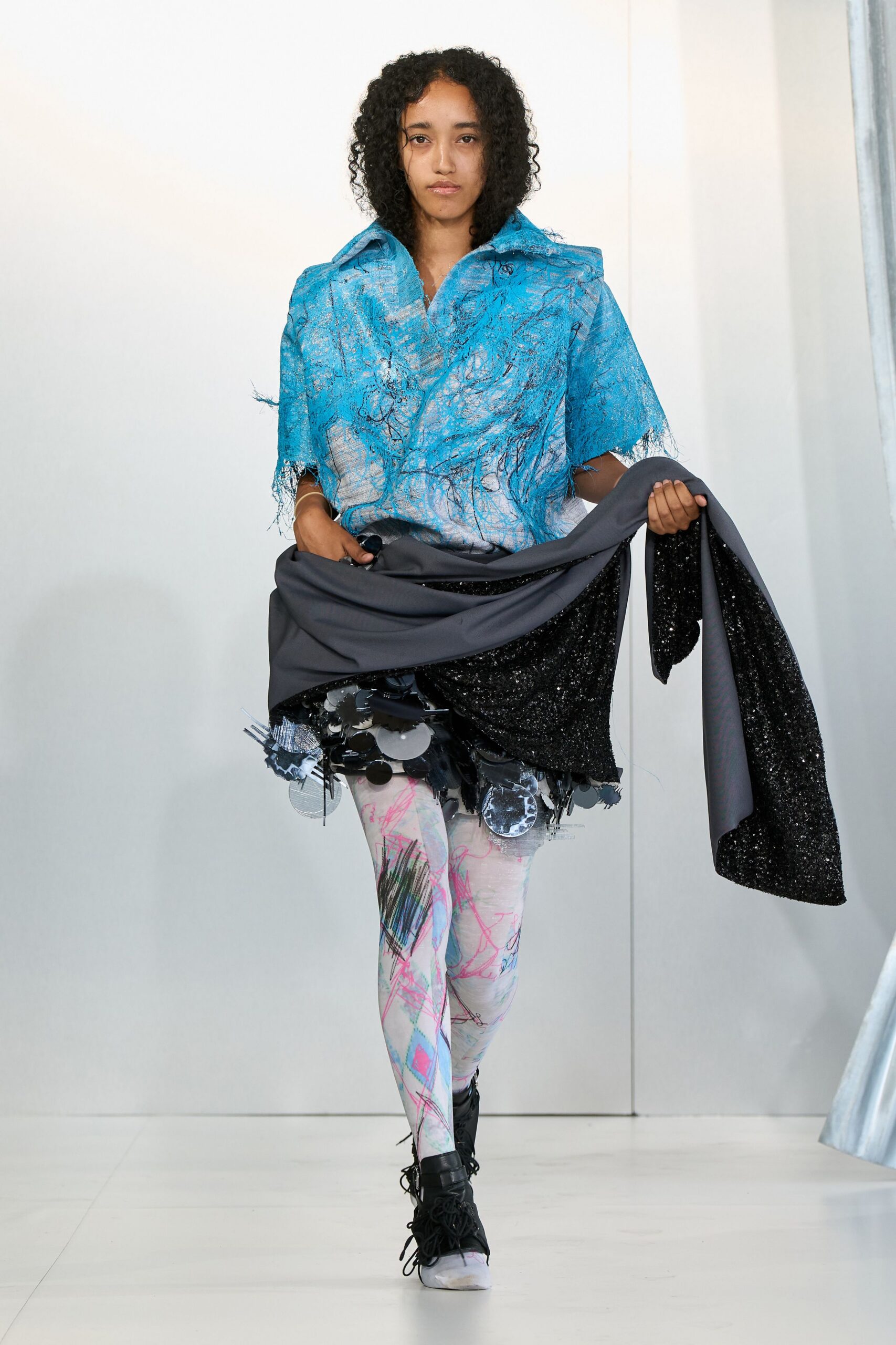 blue relaxed jacket with layered skirt
