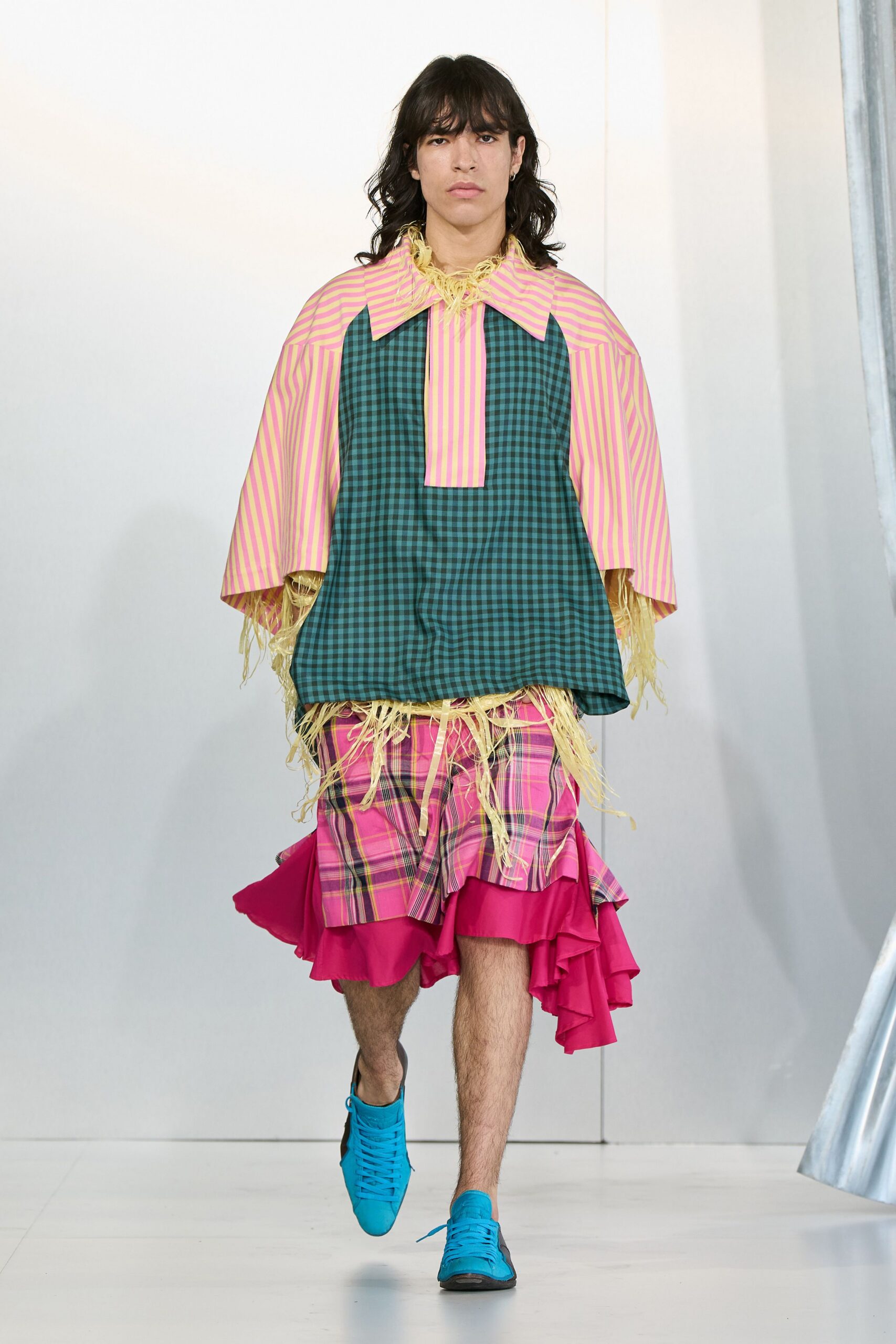 pink fitted checked tiered skirt