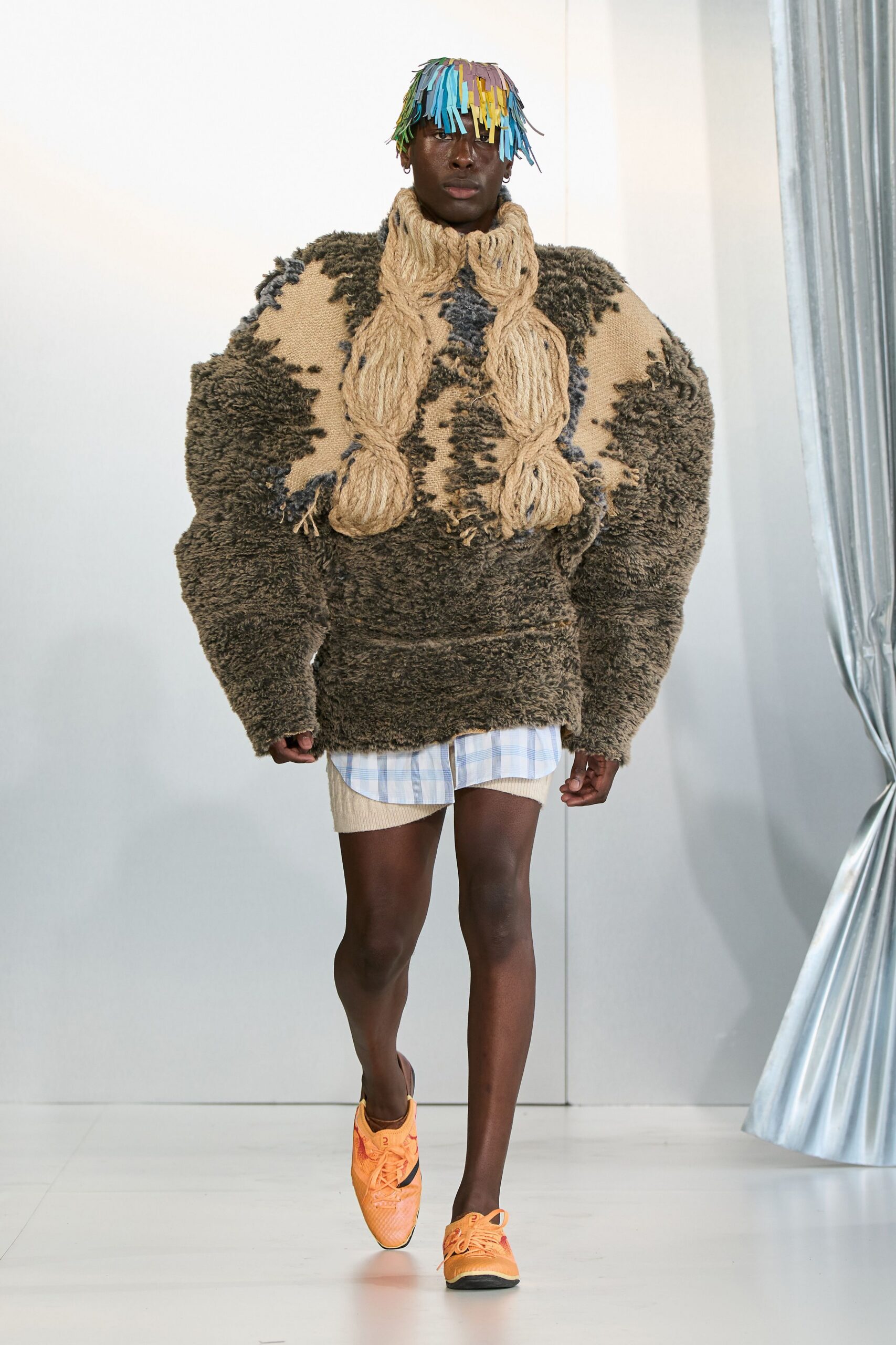 beige wool long-sleeve high-neck oversized fringed sweater
