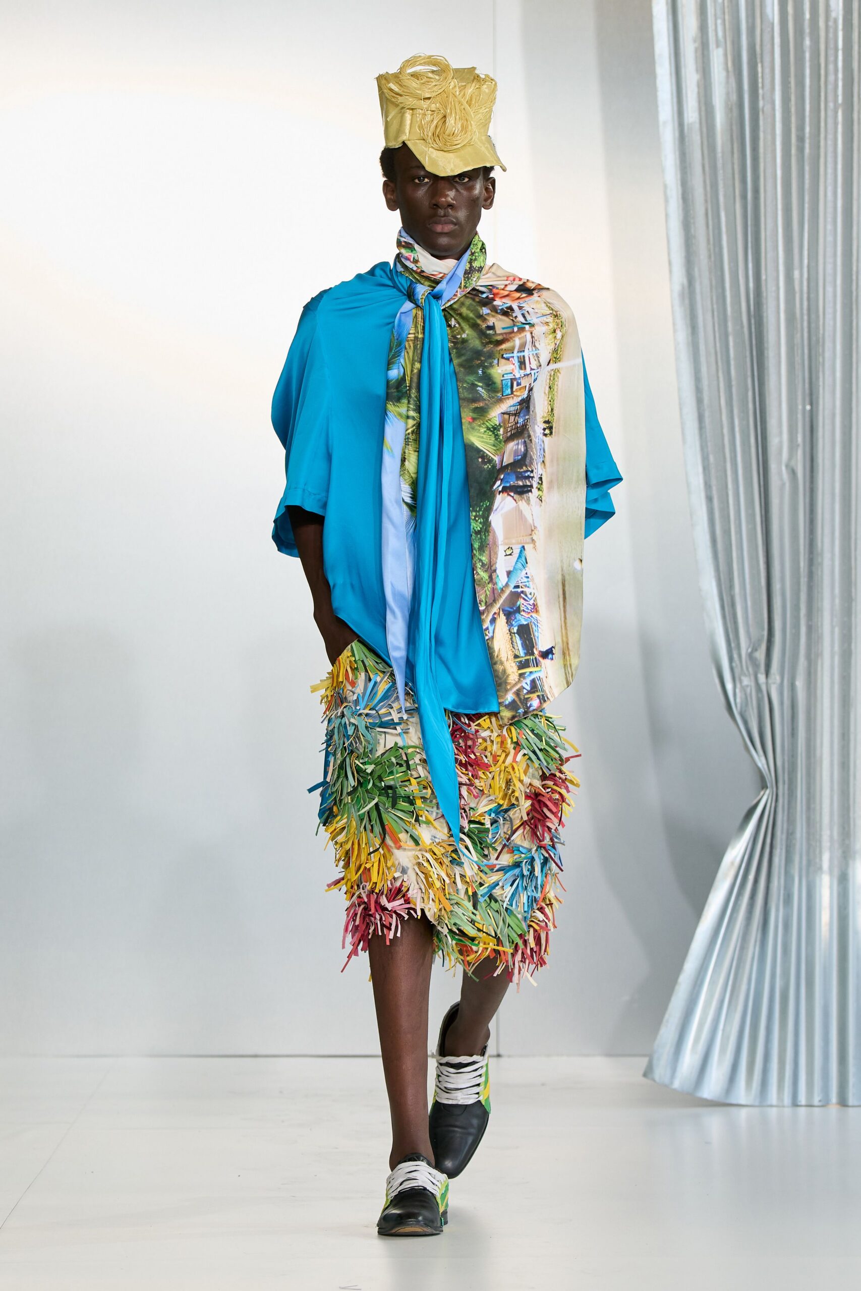 blue top multi fringed skirt